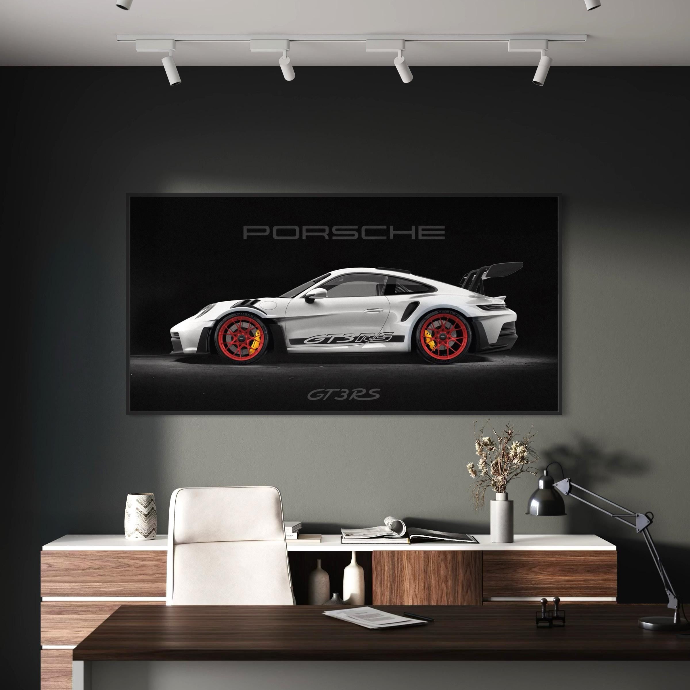 Porsche 911 GT3 RS Framed Canvas | Poster Wall Art Print | Sports Car Decor | Black & White Man Cave, Office Wall Art