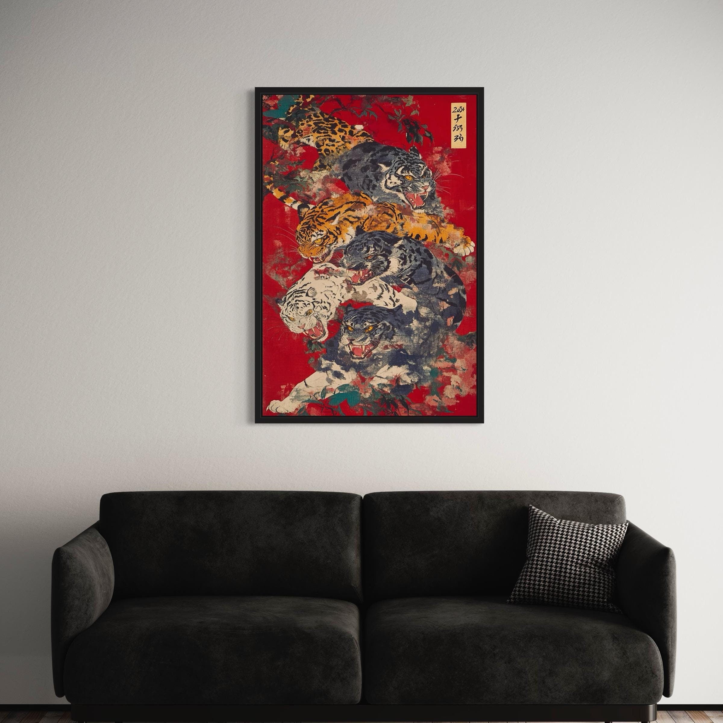 Vintage Japanese Tiger | Red & Black Japanese Animal Canvas Art | Poster Print