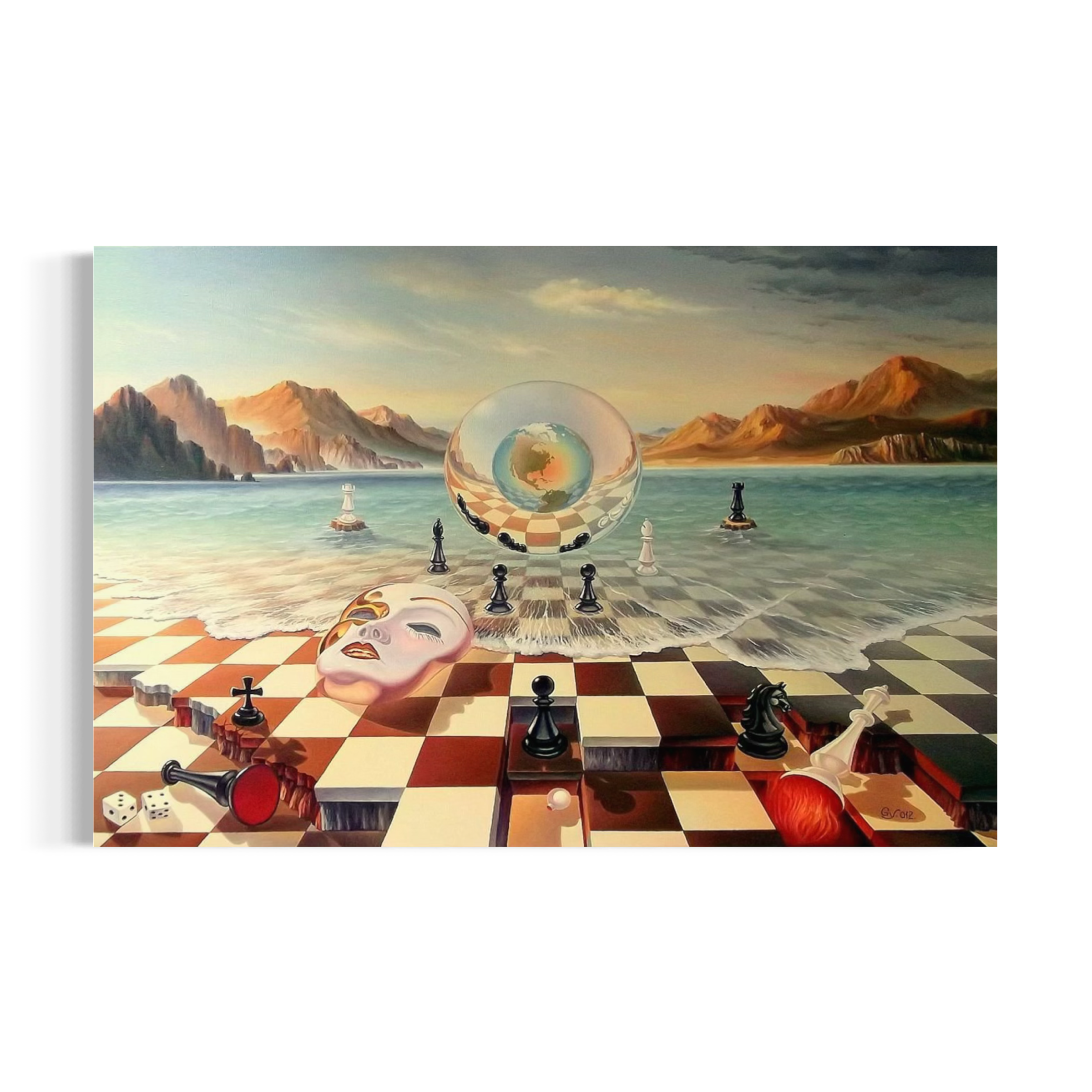 The image is a surreal painting featuring a surreal landscape with a checkerboard pattern, a floating globe, and various surreal elements such as a woman's face, chess pieces, and a castle.