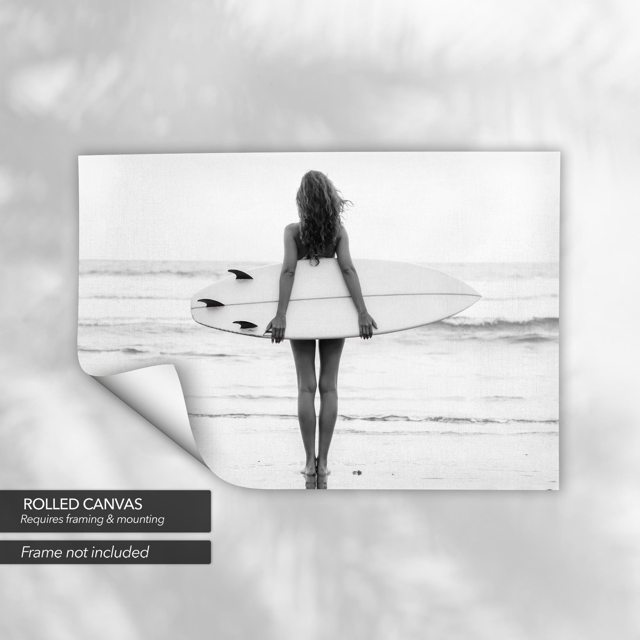Beach Surf Minimalist Black & White Surfer | Surfboard Ocean Photo Canvas Art | Poster Print