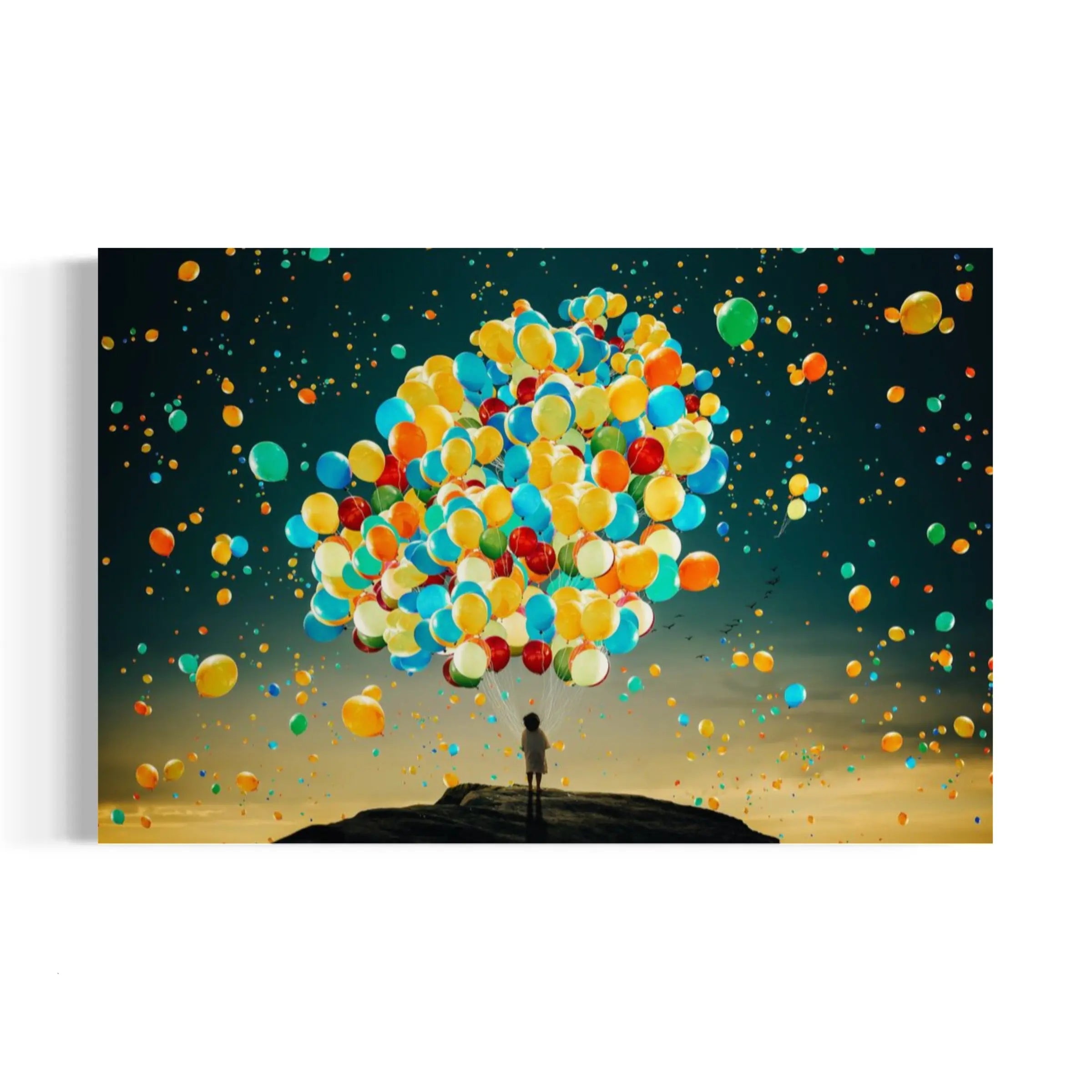 a painting of a person standing under a bunch of balloons