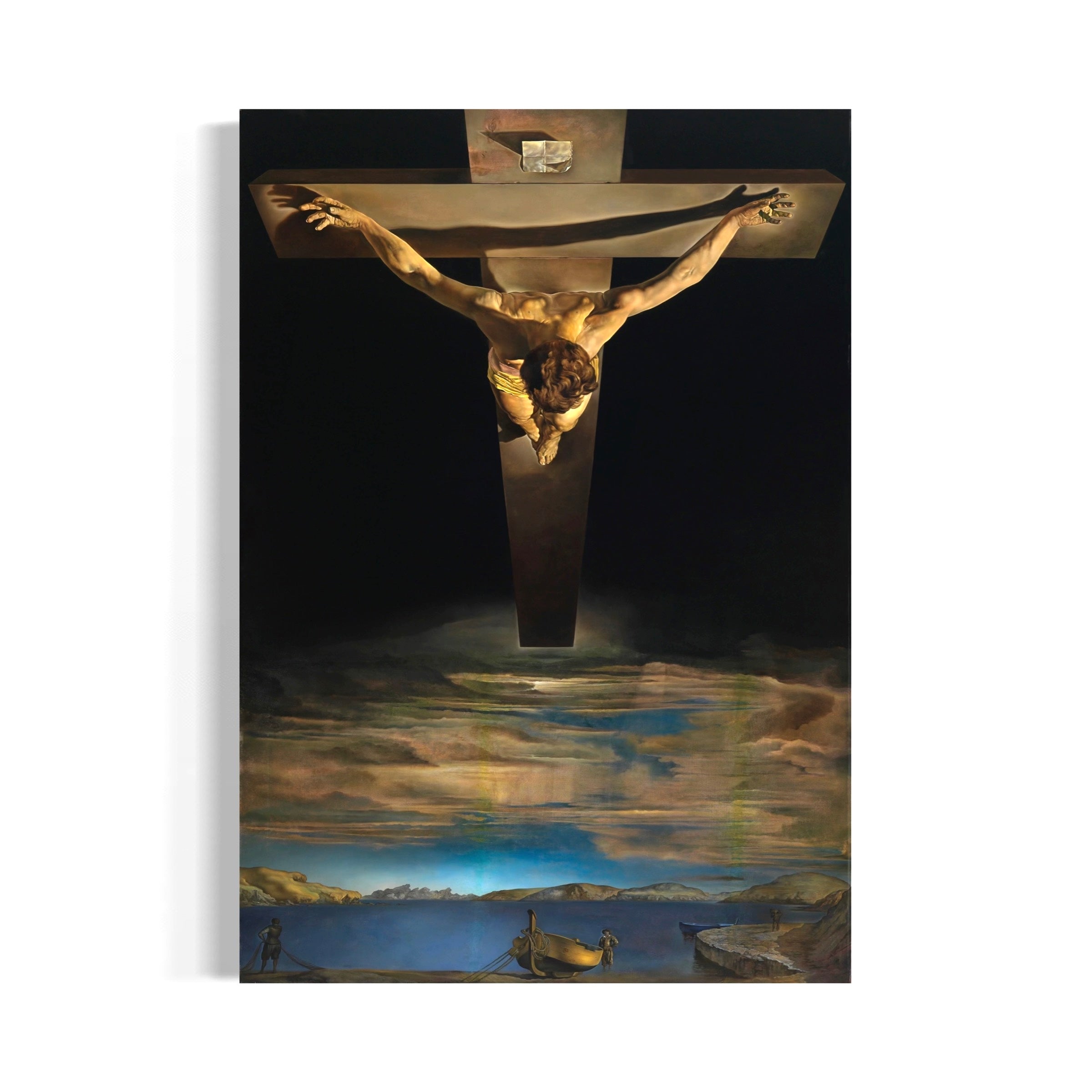 a religious scene with a figure on a cross against a cloudy sky and a landscape in the background.