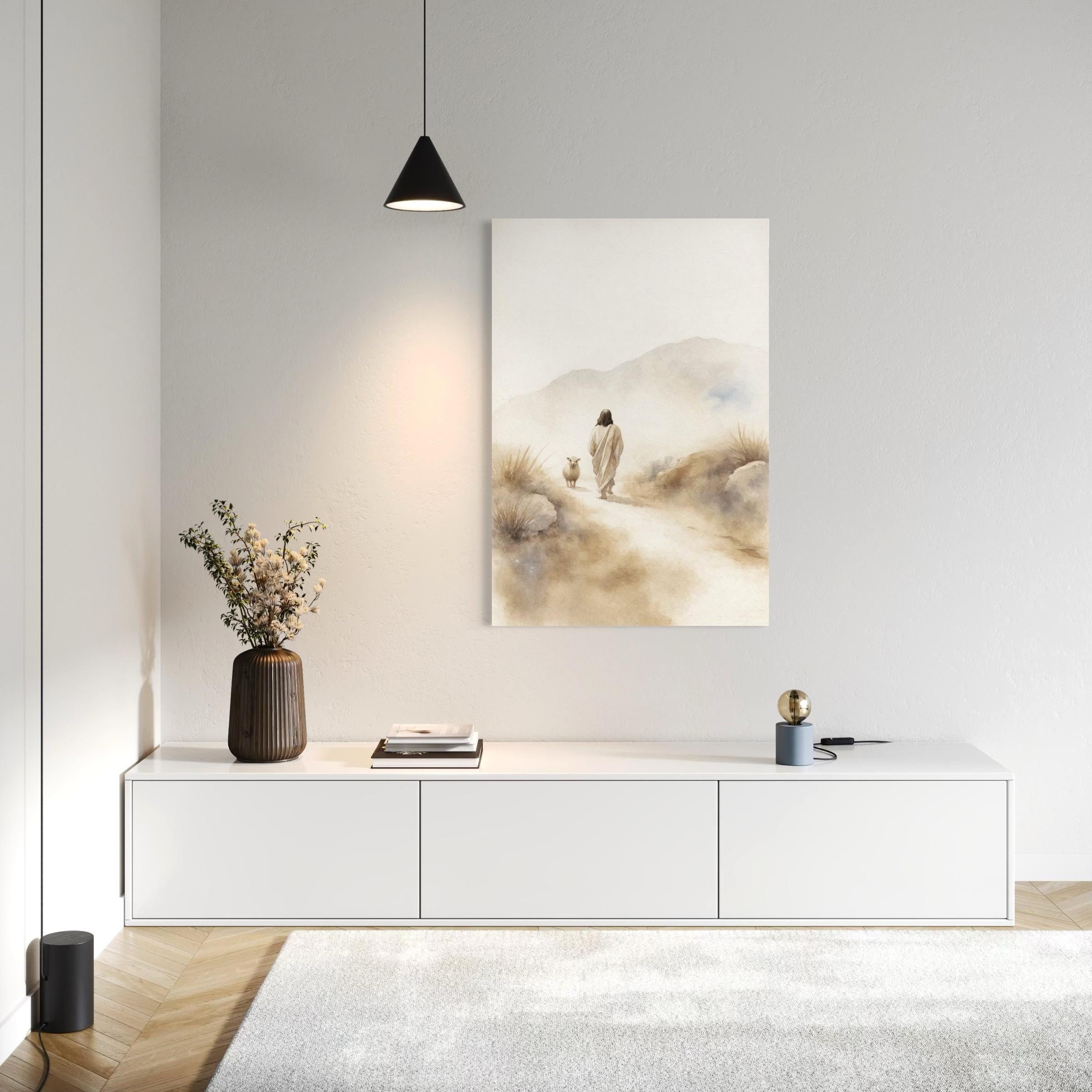 Jesus & Sheep Wall Art Canvas | Minimalist Christian Poster Print | Pastoral Abstract Landscape