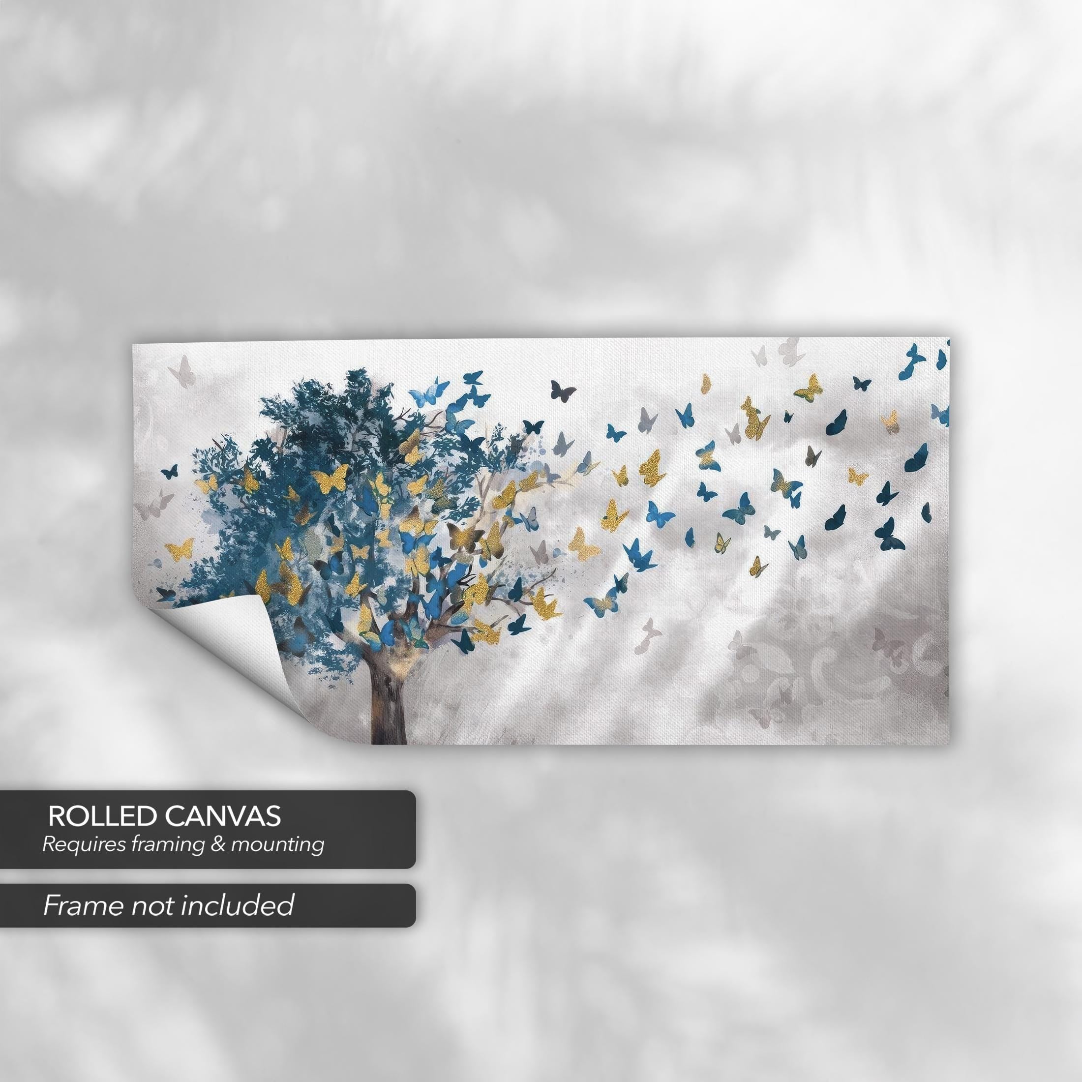 Golden Blue Butterfly Tree | Abstract Nature-Inspired Canvas Art | Poster Print