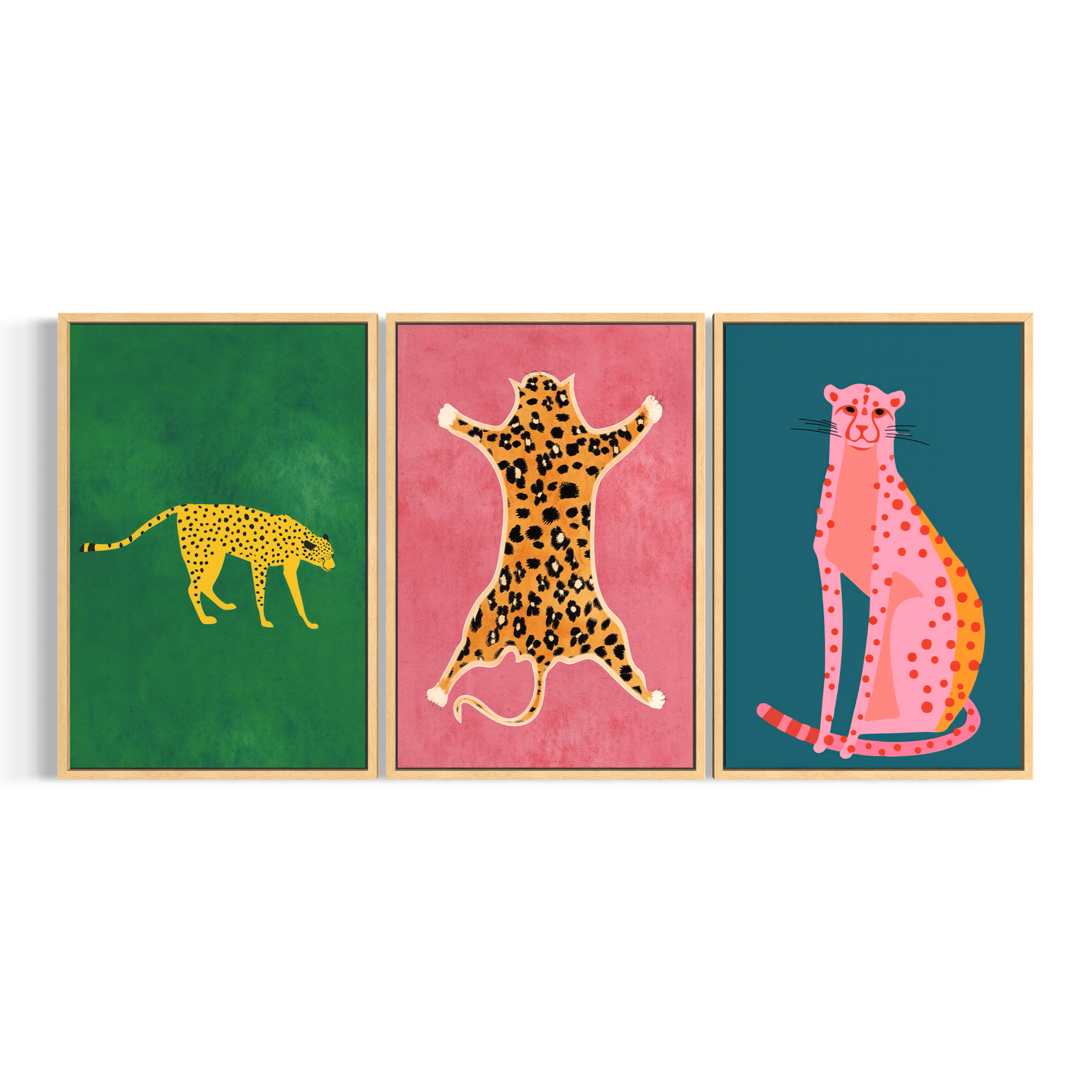 three framed illustrations of leopards in different poses and colors.