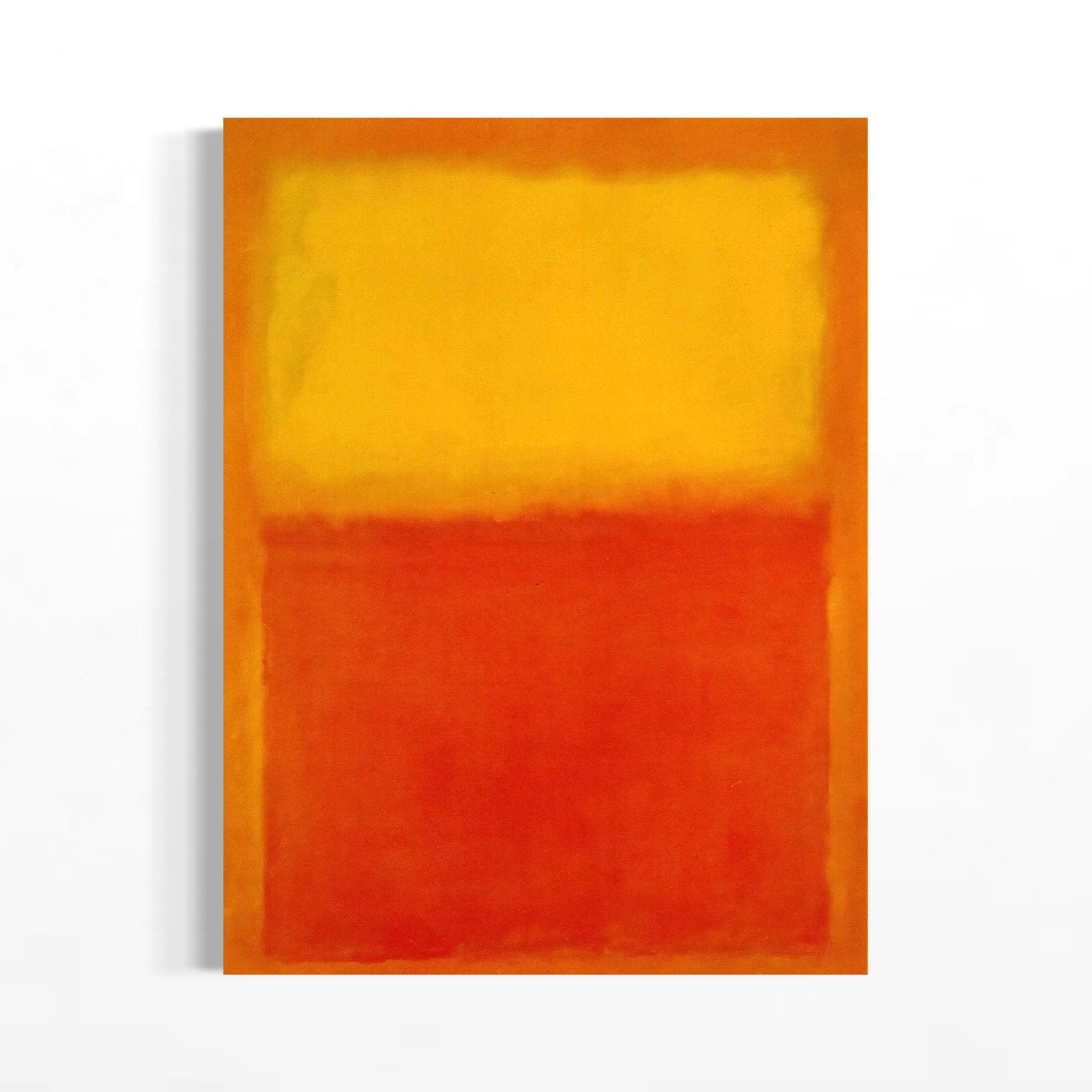The image is a rectangular abstract painting with a bold color scheme of red and yellow.