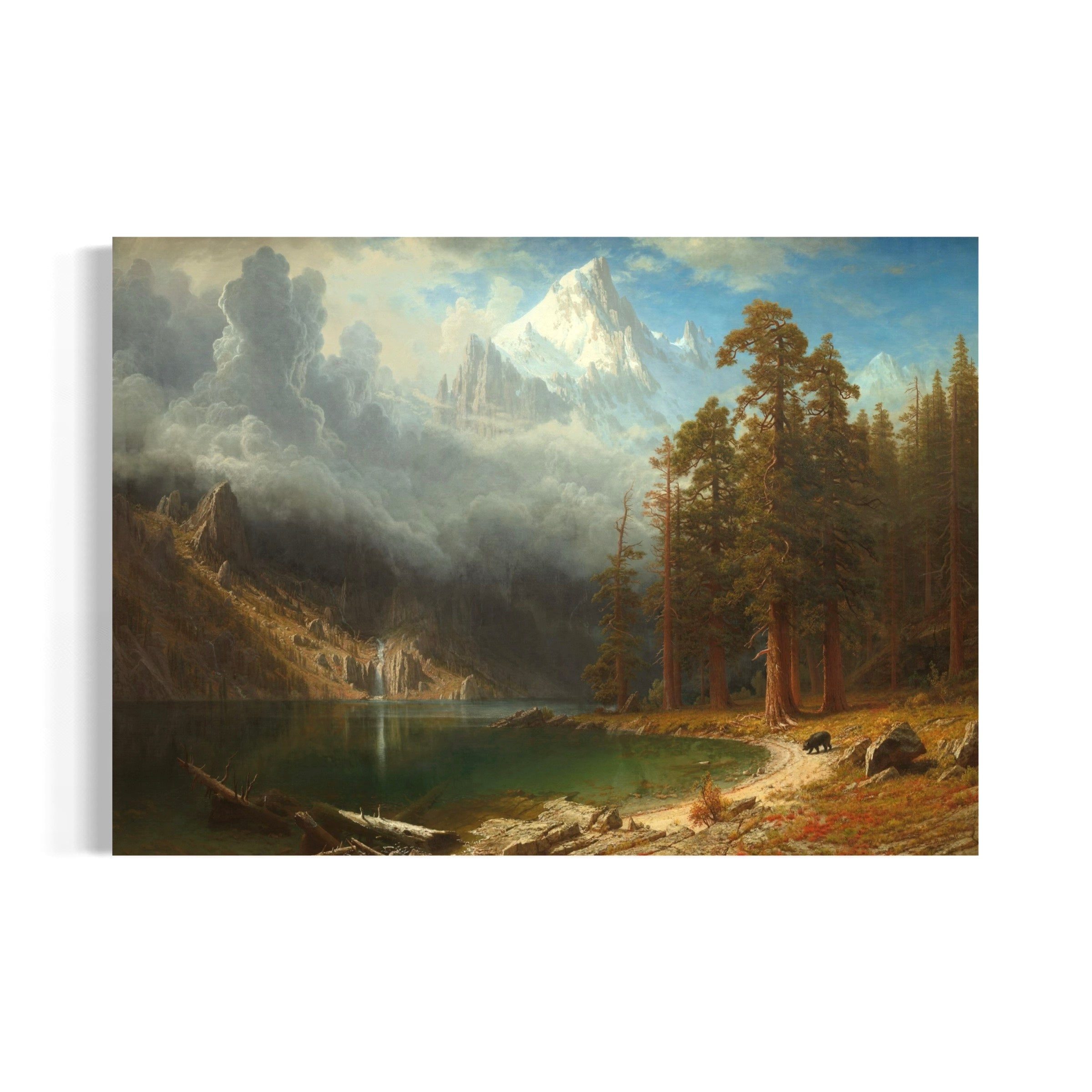 a serene landscape with a mountain range, a lake, and a forest.