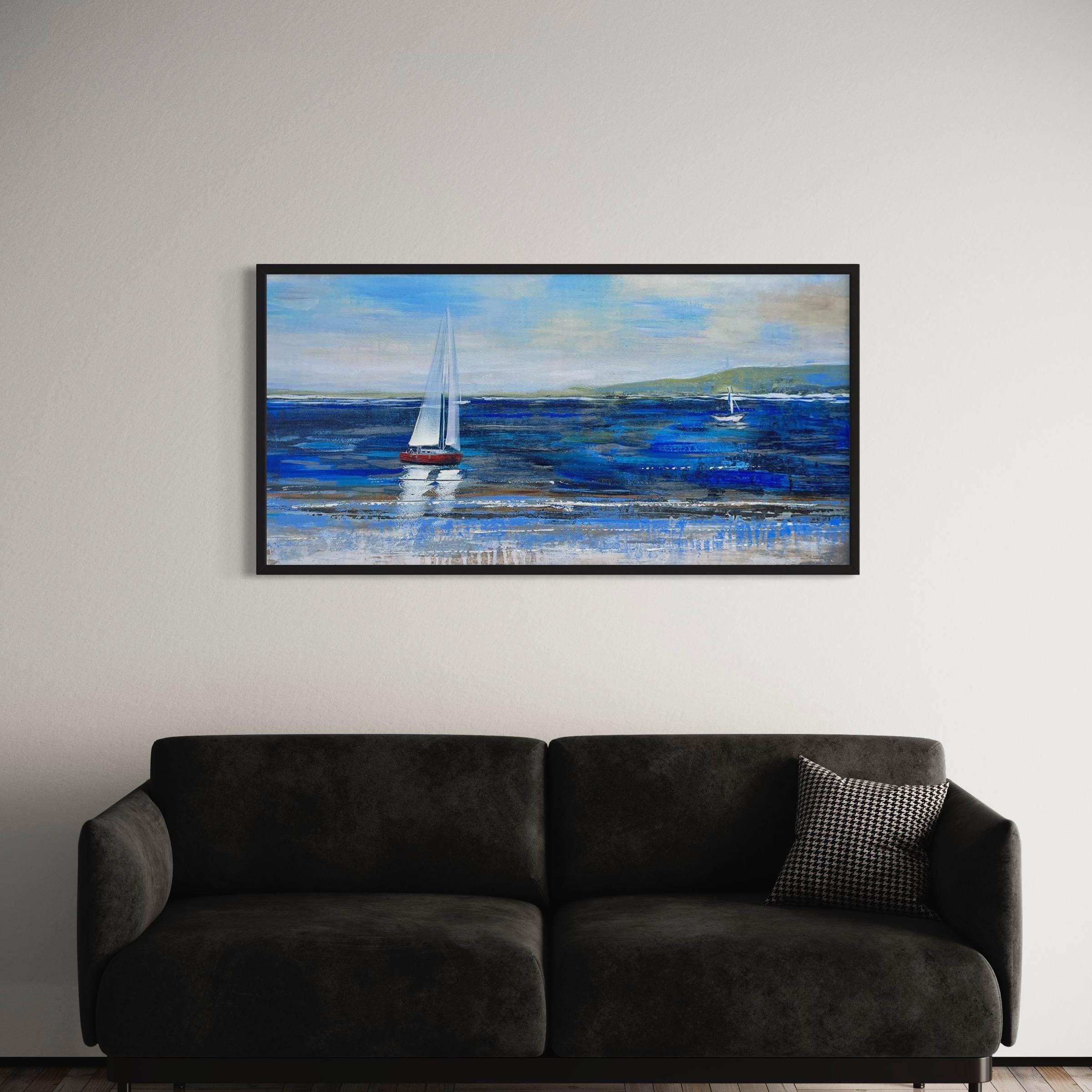 Blue Abstract Seascape | Textured Ocean & Sailboats Canvas Art | Poster Print
