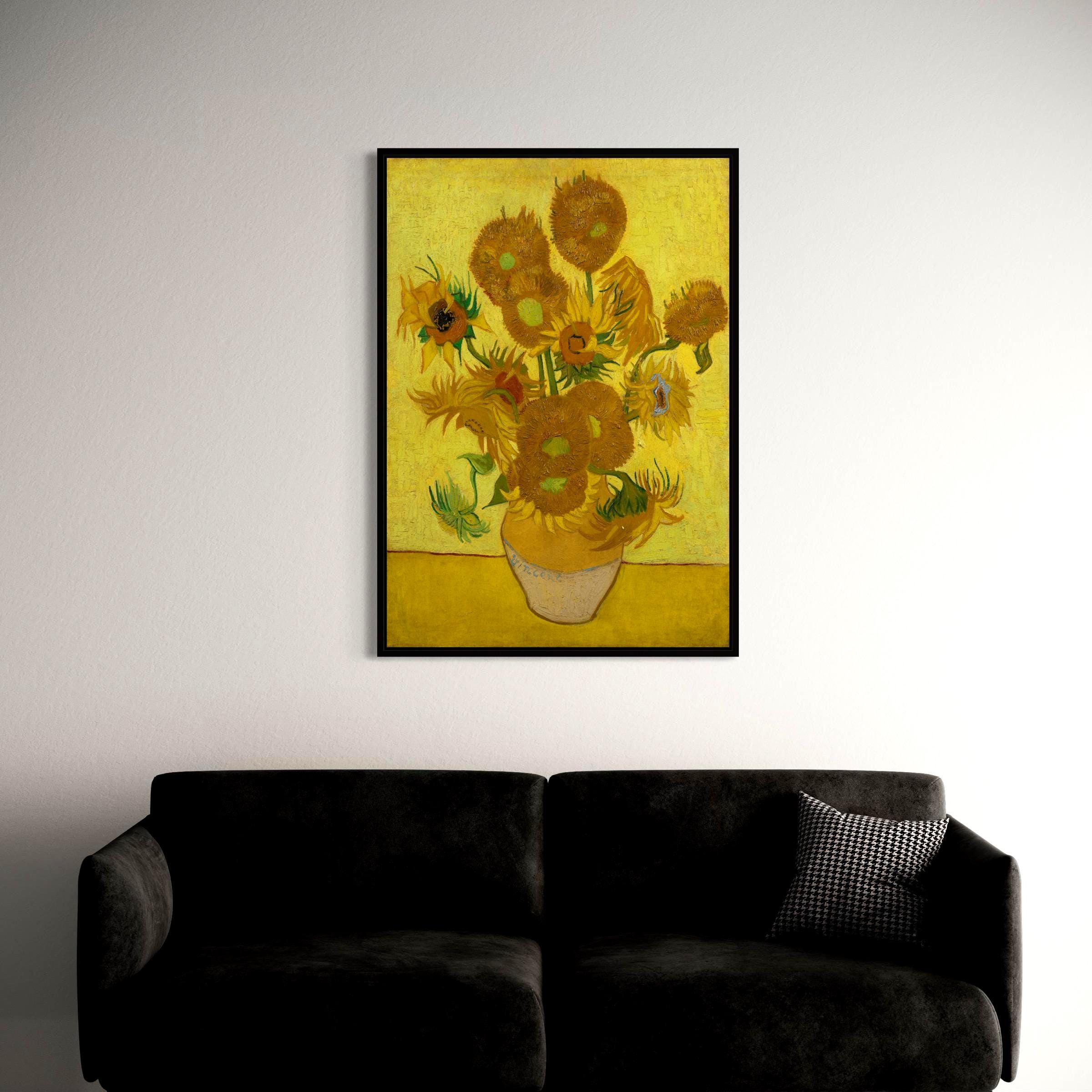 May include: A painting of a vase of sunflowers in a yellow background. The sunflowers are yellow with brown centers and are arranged in a vase. The vase is a light brown color and is sitting on a yellow surface.