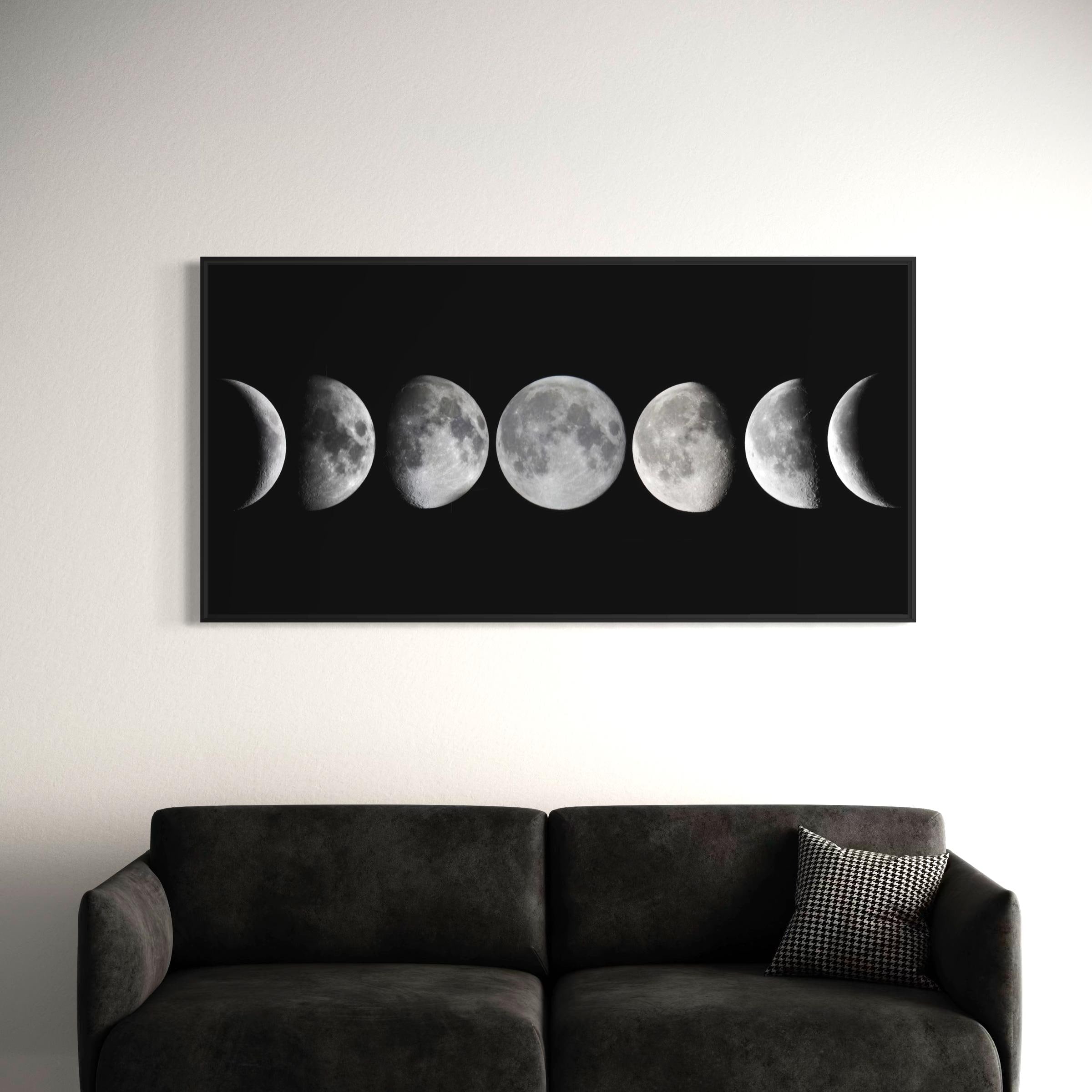 Lunar Phases Cycle | Black Minimalist Moon Astronomy Wall Art Canvas | Space Art Poster Print