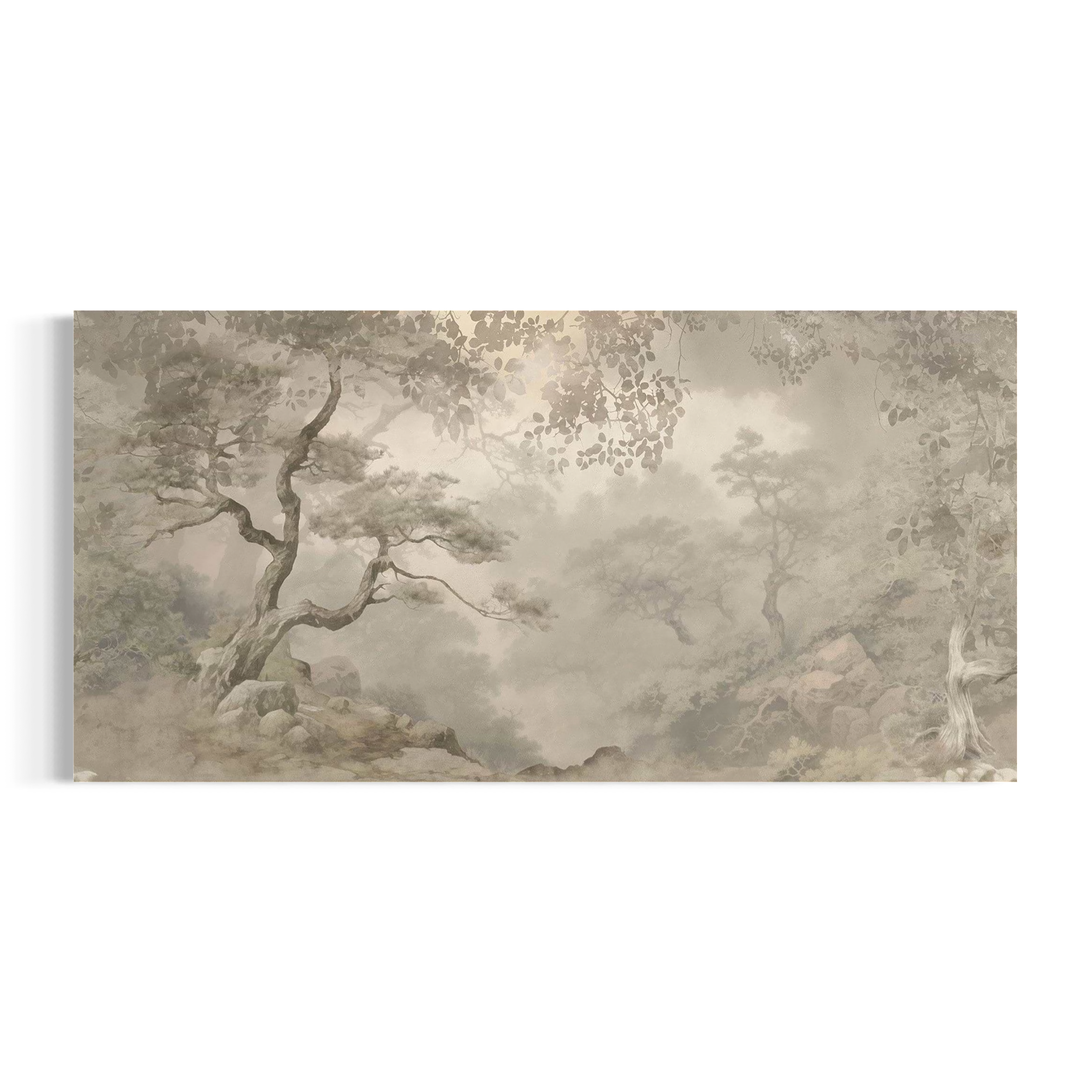 A serene landscape painting depicting a forest scene with trees and rocks in a misty, hazy atmosphere.