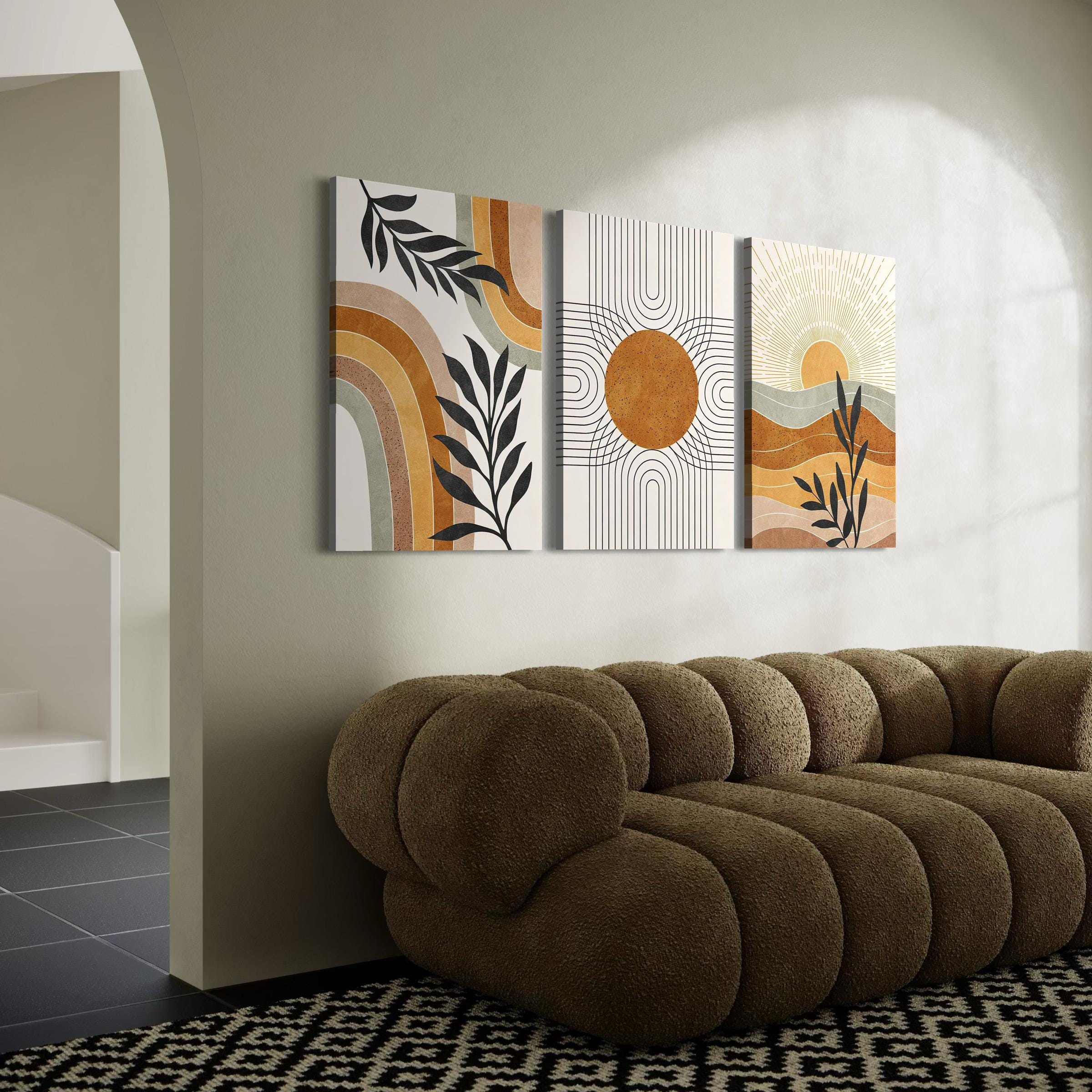 Poster Wall Art Set of 3 Prints | Geometric Sun Desert Plants Canvas | Mid Century Modern Boho