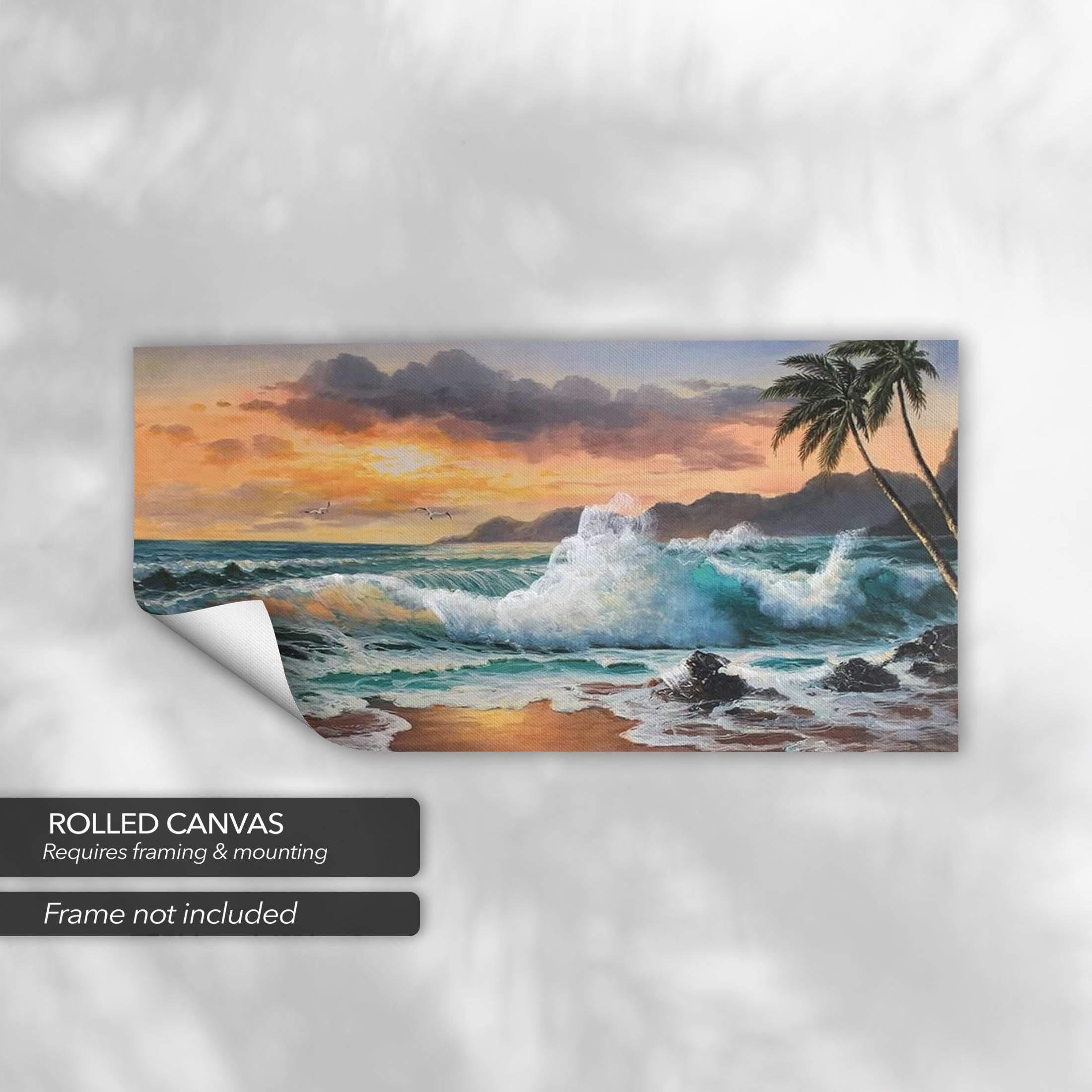 Tropical Ocean Sunset Waves, Palm Trees & Seascape Canvas Art | Poster Print