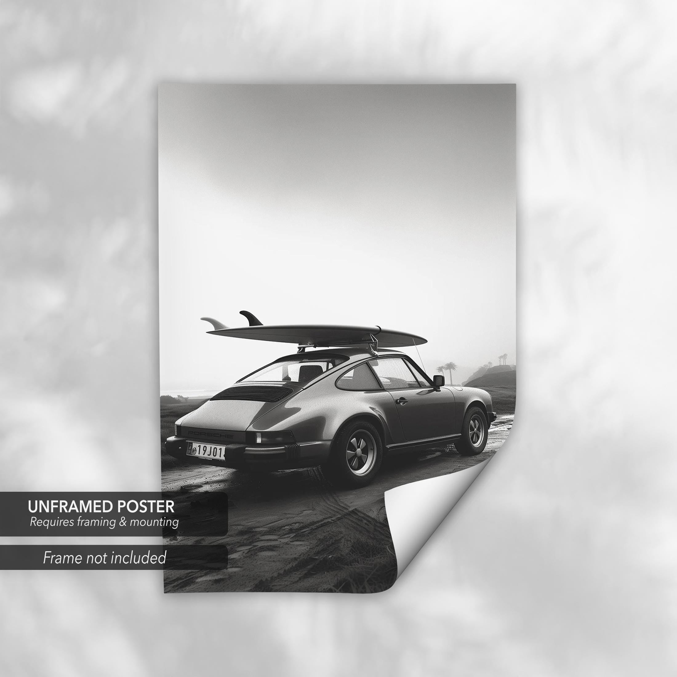 Porsche 911 Surfboard | Classic Car & Beach | Retro Automotive Canvas Art | Poster Print