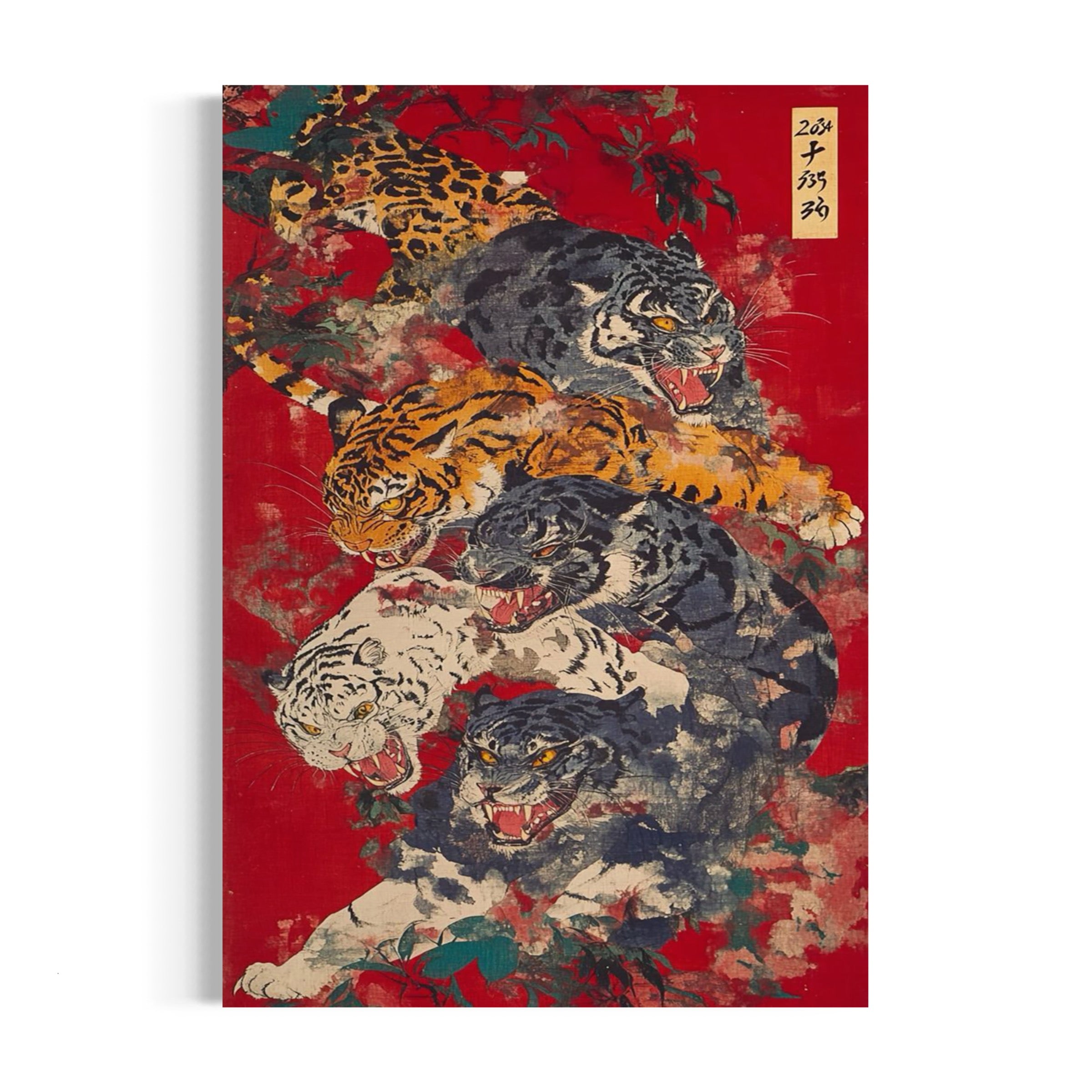 a painting of tigers on a red background