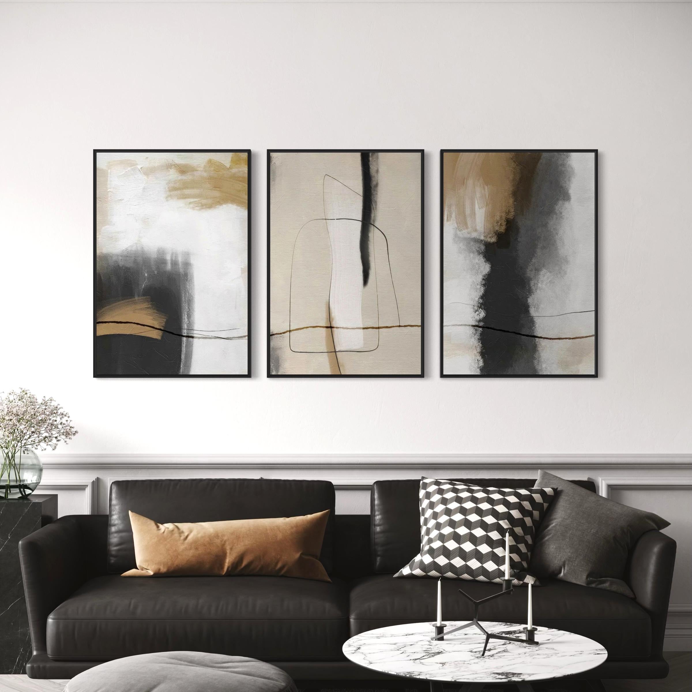 Set of 3 Abstract Canvas Wall Art | Grunge Poster Prints Stroke Effect Tan Gray Neutral Organic