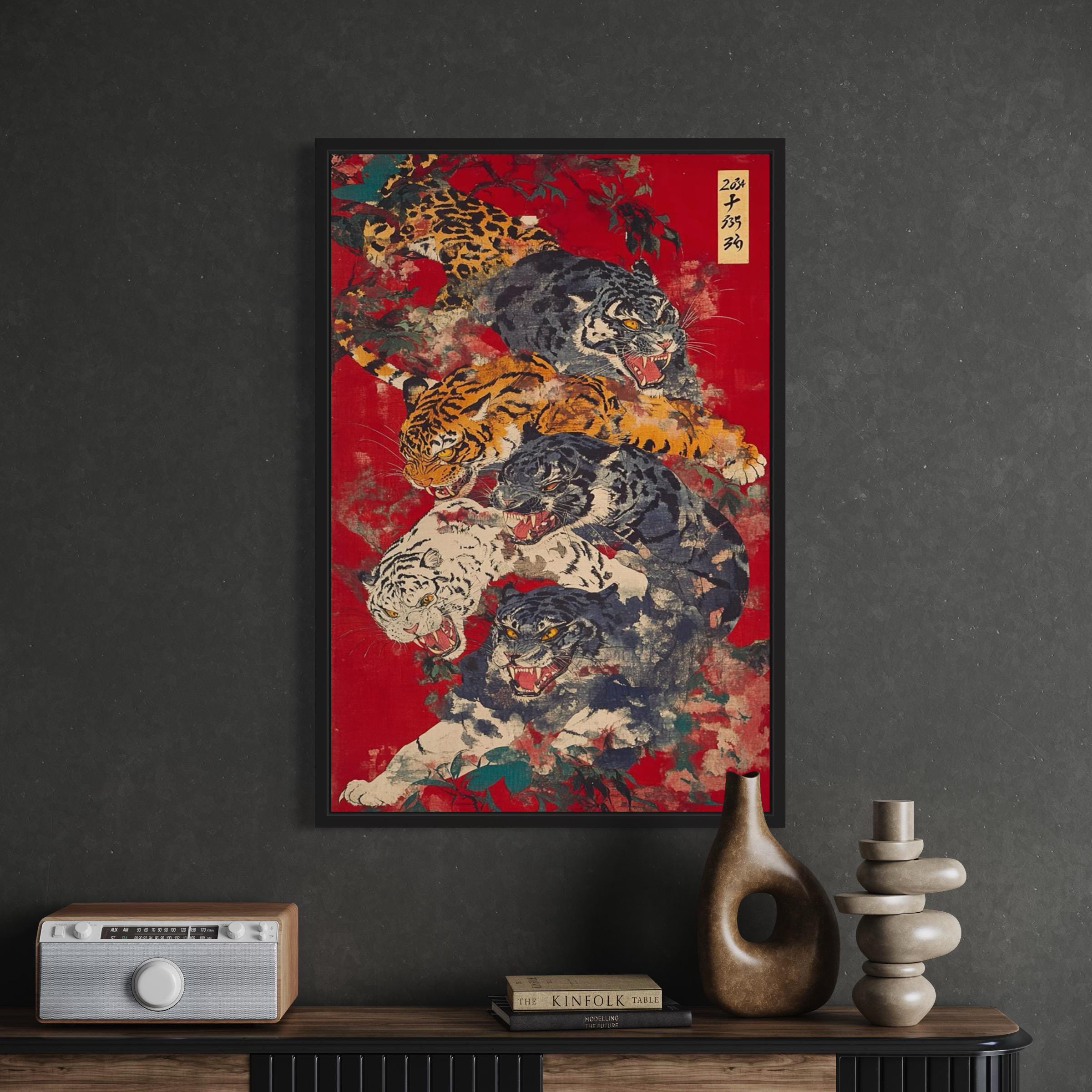 Vintage Japanese Tiger | Red & Black Japanese Animal Canvas Art | Poster Print