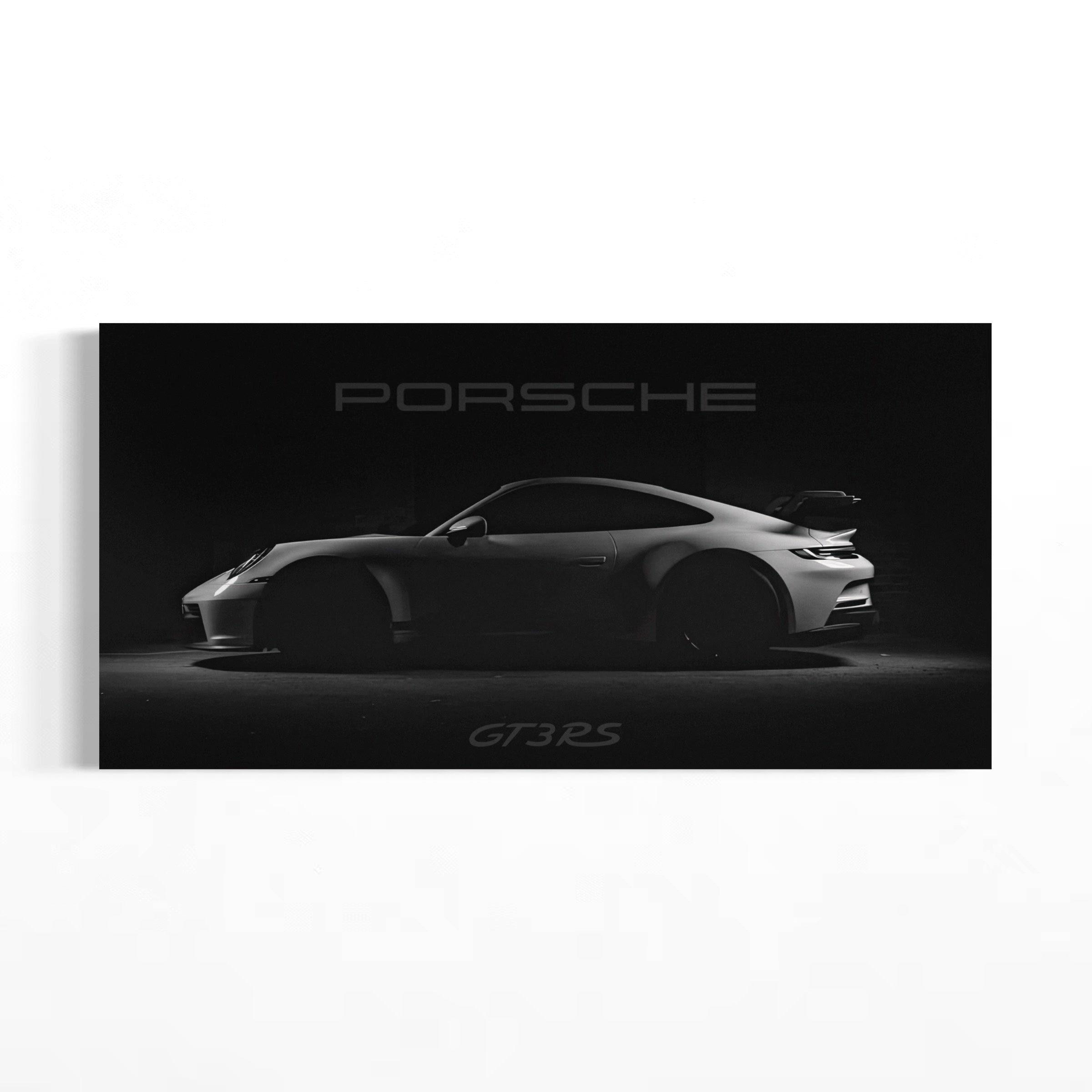 A black and white image of a Porsche GT3RS sports car, with the word "PORSCHE" prominently displayed above it.