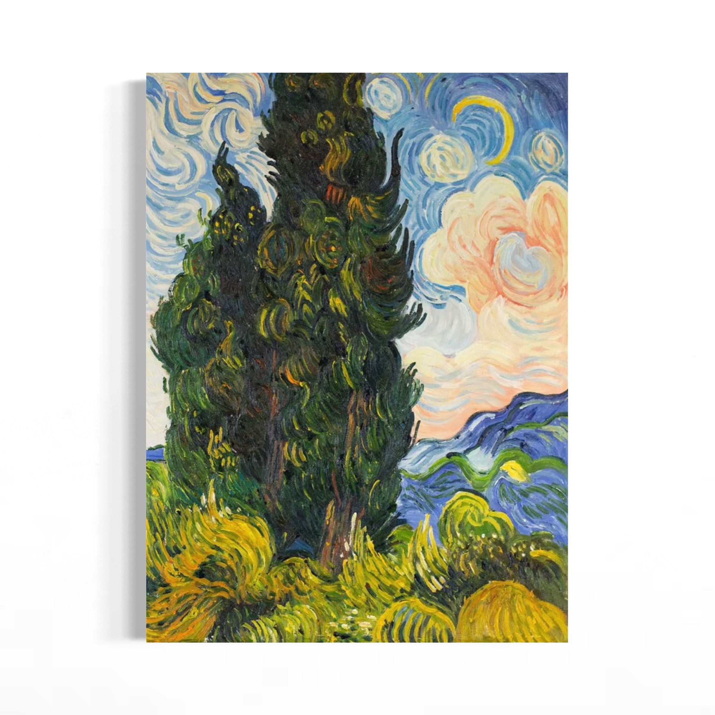 The image is an impressionist painting depicting a landscape with a large cypress tree in the foreground, surrounded by a vibrant and swirling sky with clouds and a crescent moon.