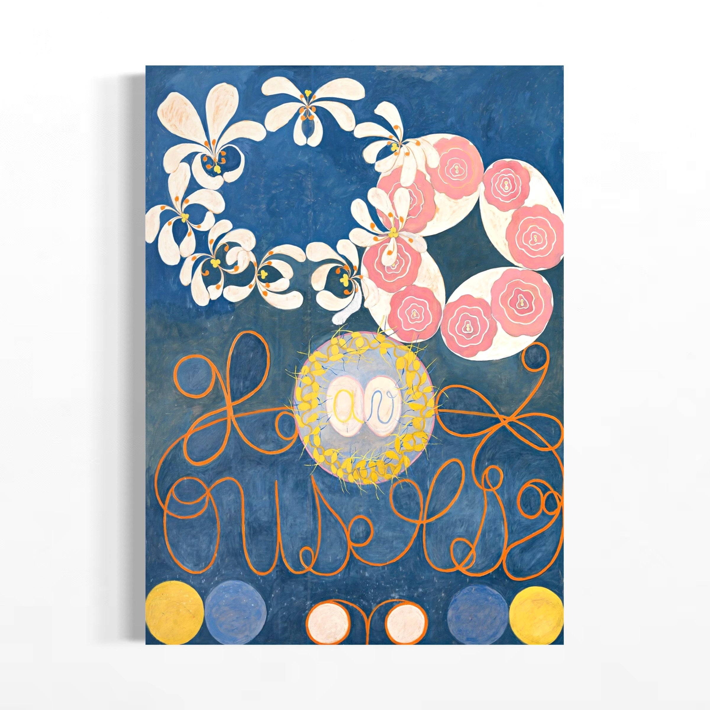 The image is a colorful abstract painting featuring various shapes, flowers, and text elements.