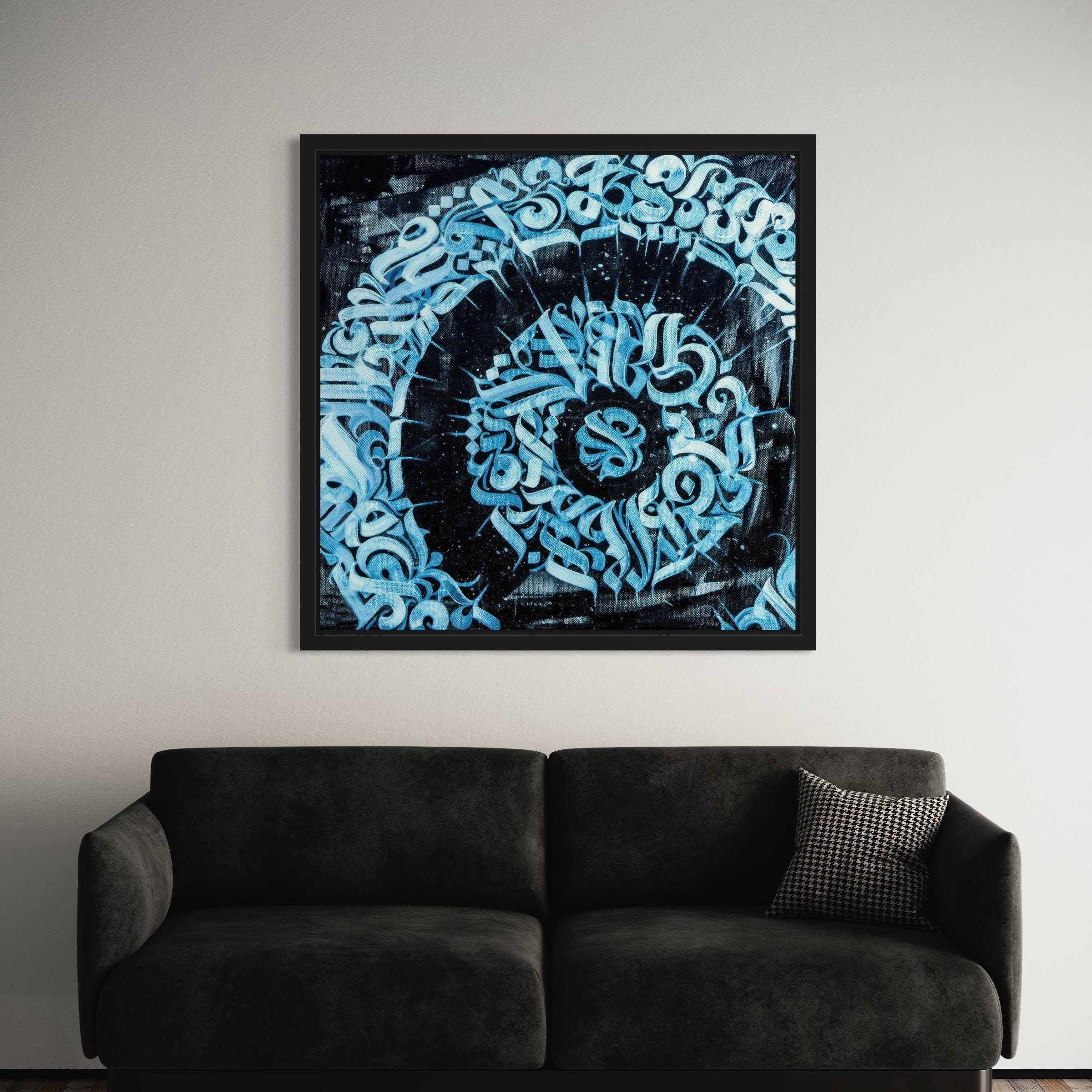 Spiral Calligraphy Abstract Blue & Black Graffiti Canvas Art | Poster Print