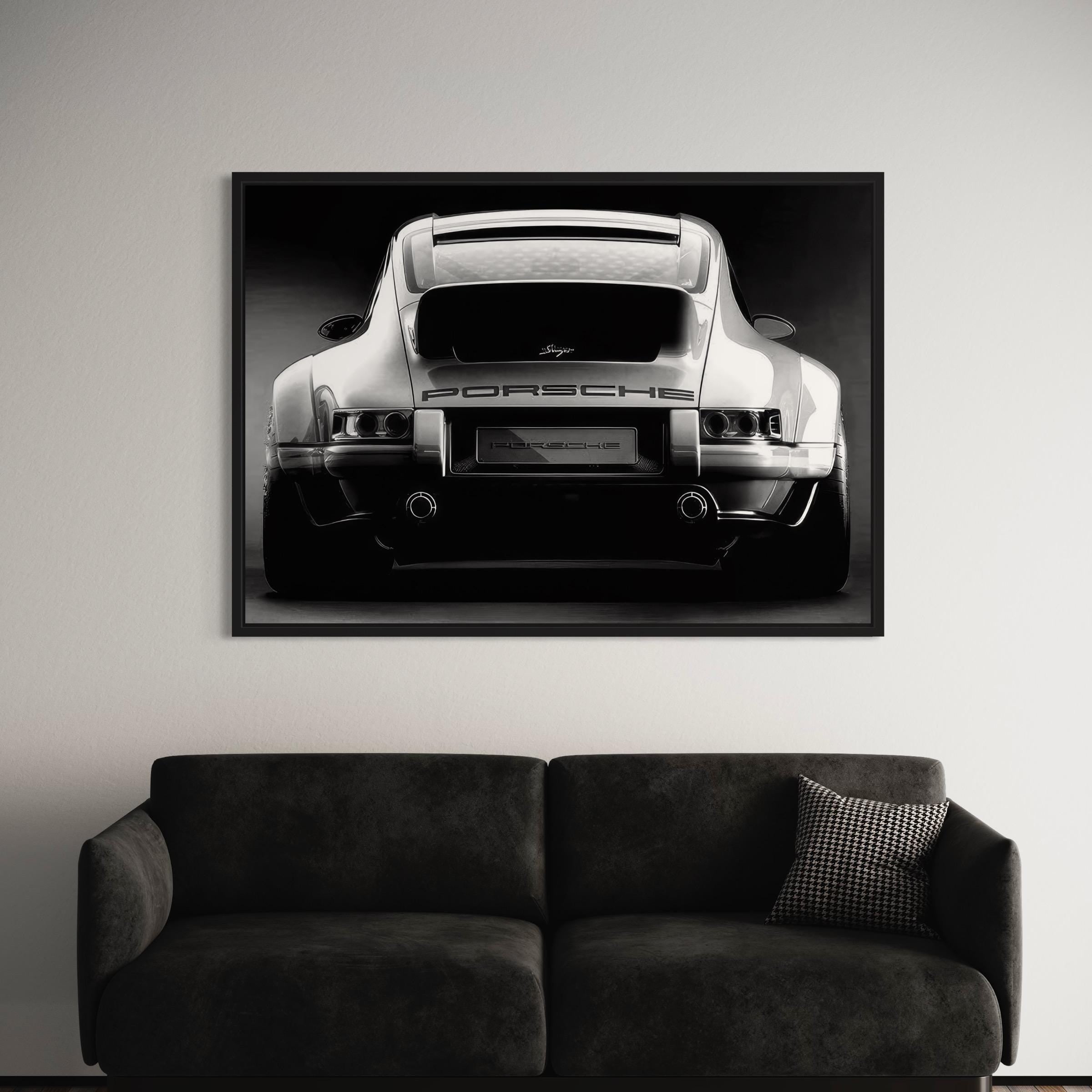 Porsche 911 Rear View Classic Black & White Canvas Art | Poster Print