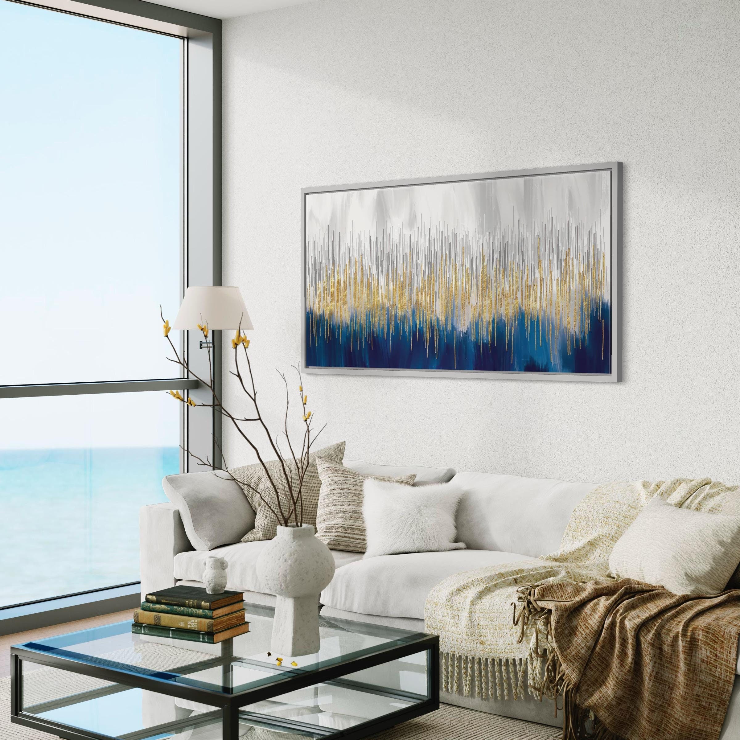 Modern Abstract Blue & Gold | Metallic Stylish Canvas Art | Poster Print