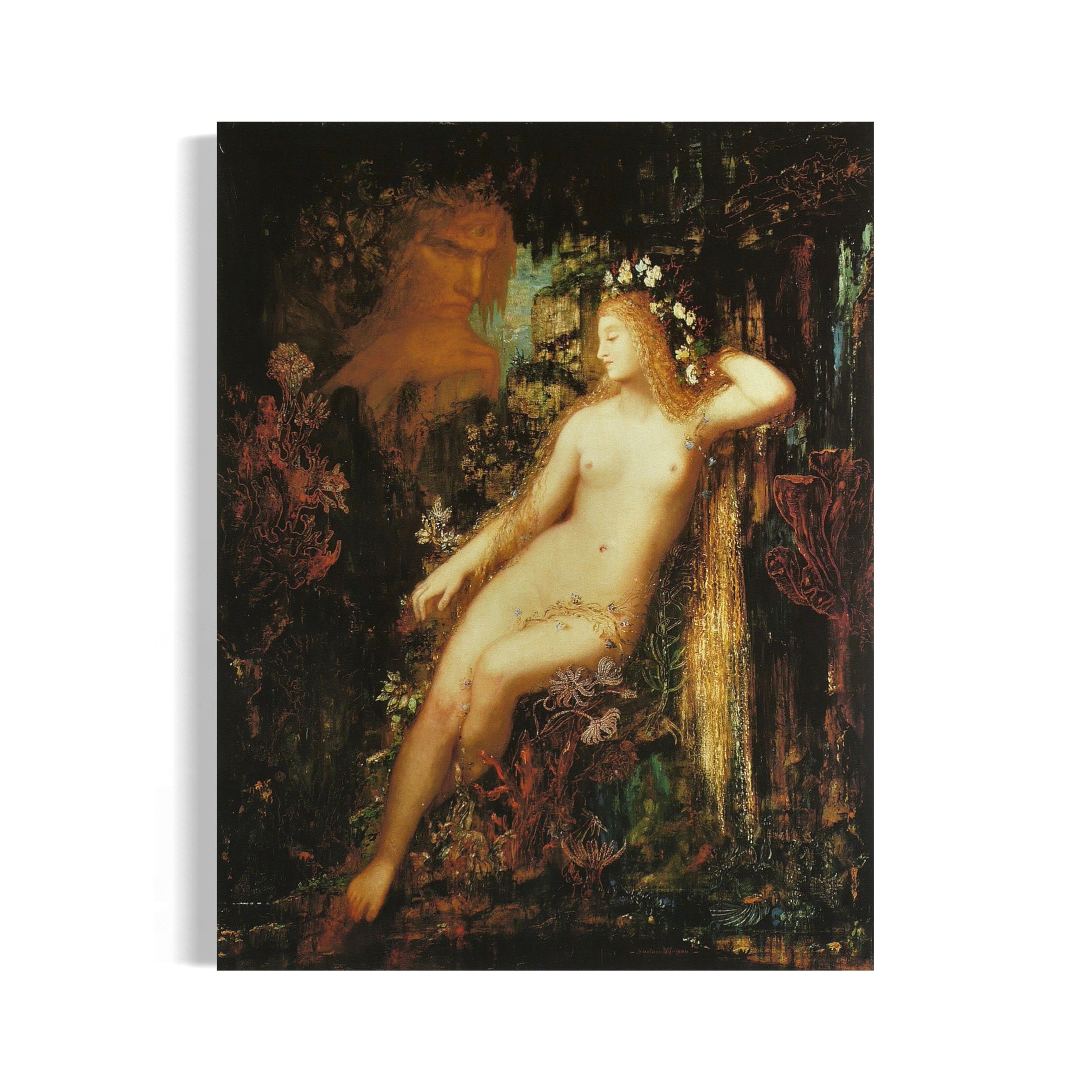 The image is a painting depicting a nude woman reclining in a lush, verdant landscape, with a large, ethereal figure in the background.