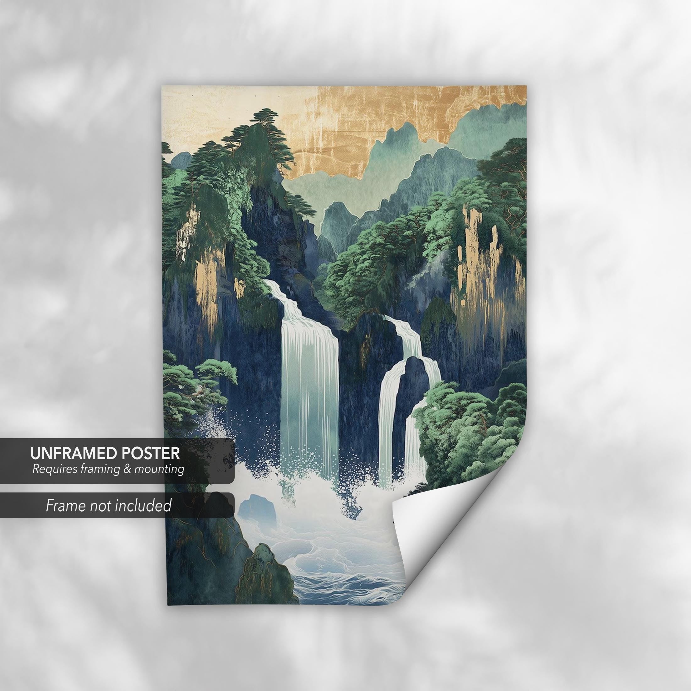 Hokusai Japanese Waterfall | Ukiyo-e Landscape | Green Japanese Canvas Art | Poster Print