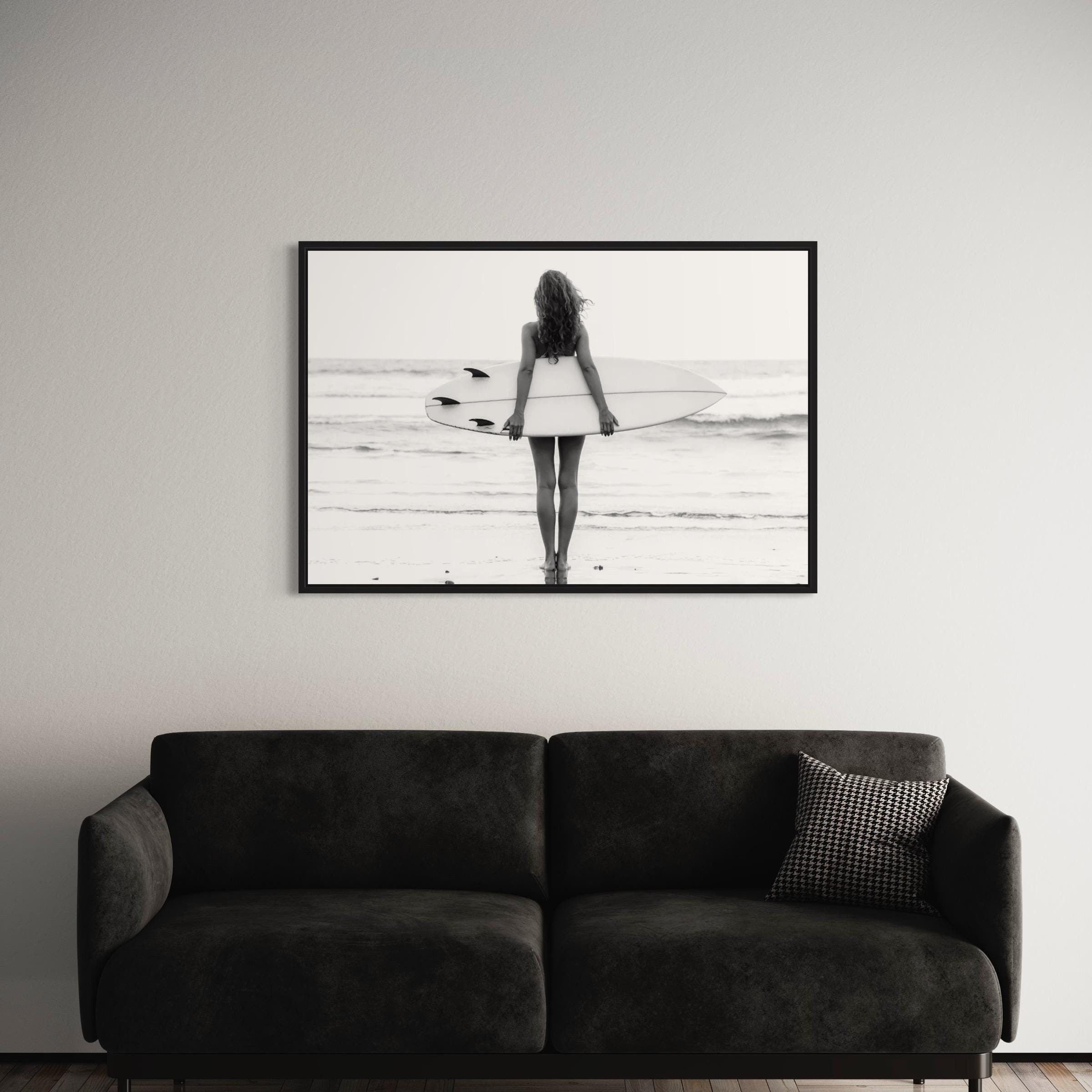 Beach Surf Minimalist Black & White Surfer | Surfboard Ocean Photo Canvas Art | Poster Print