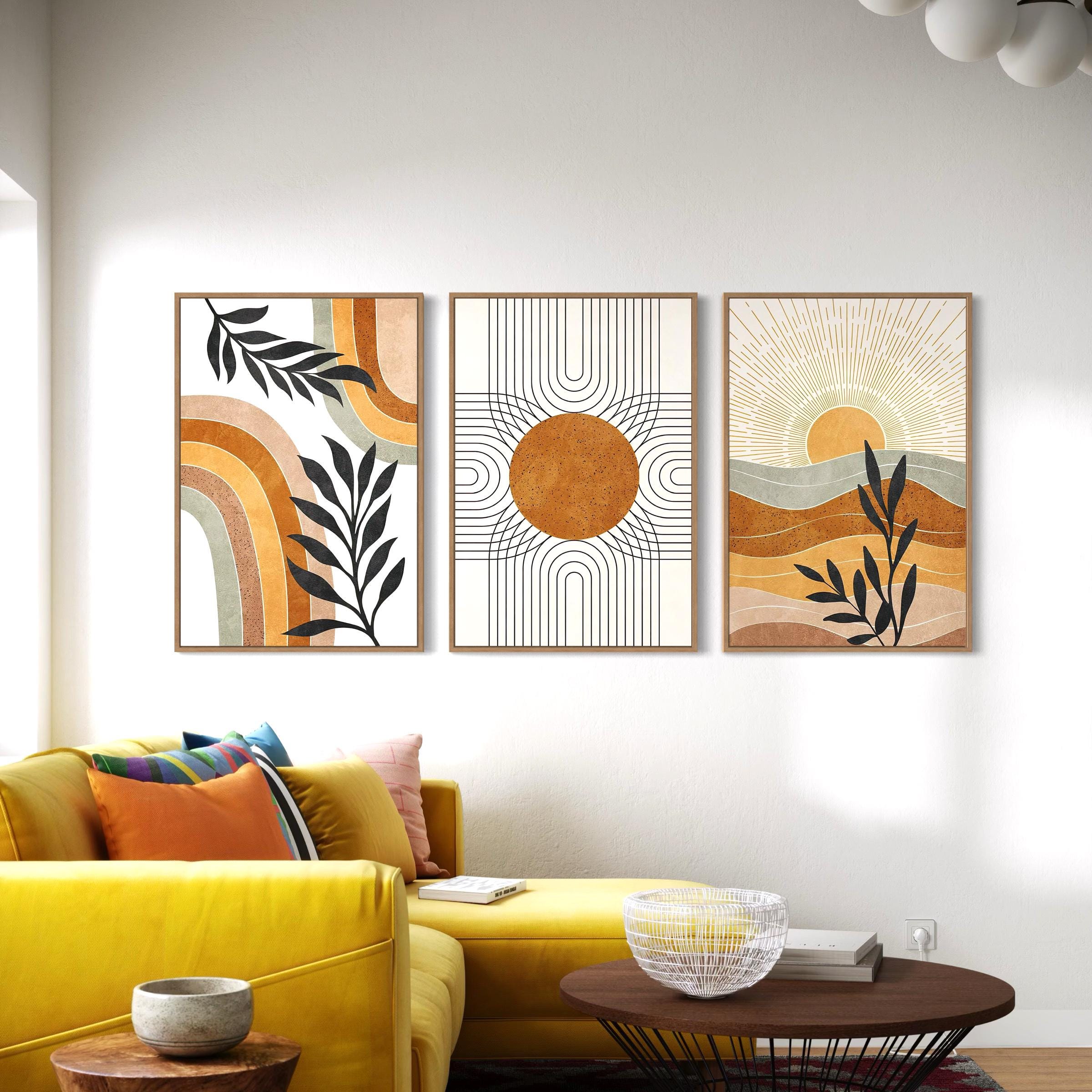 Poster Wall Art Set of 3 Prints | Geometric Sun Desert Plants Canvas | Mid Century Modern Boho