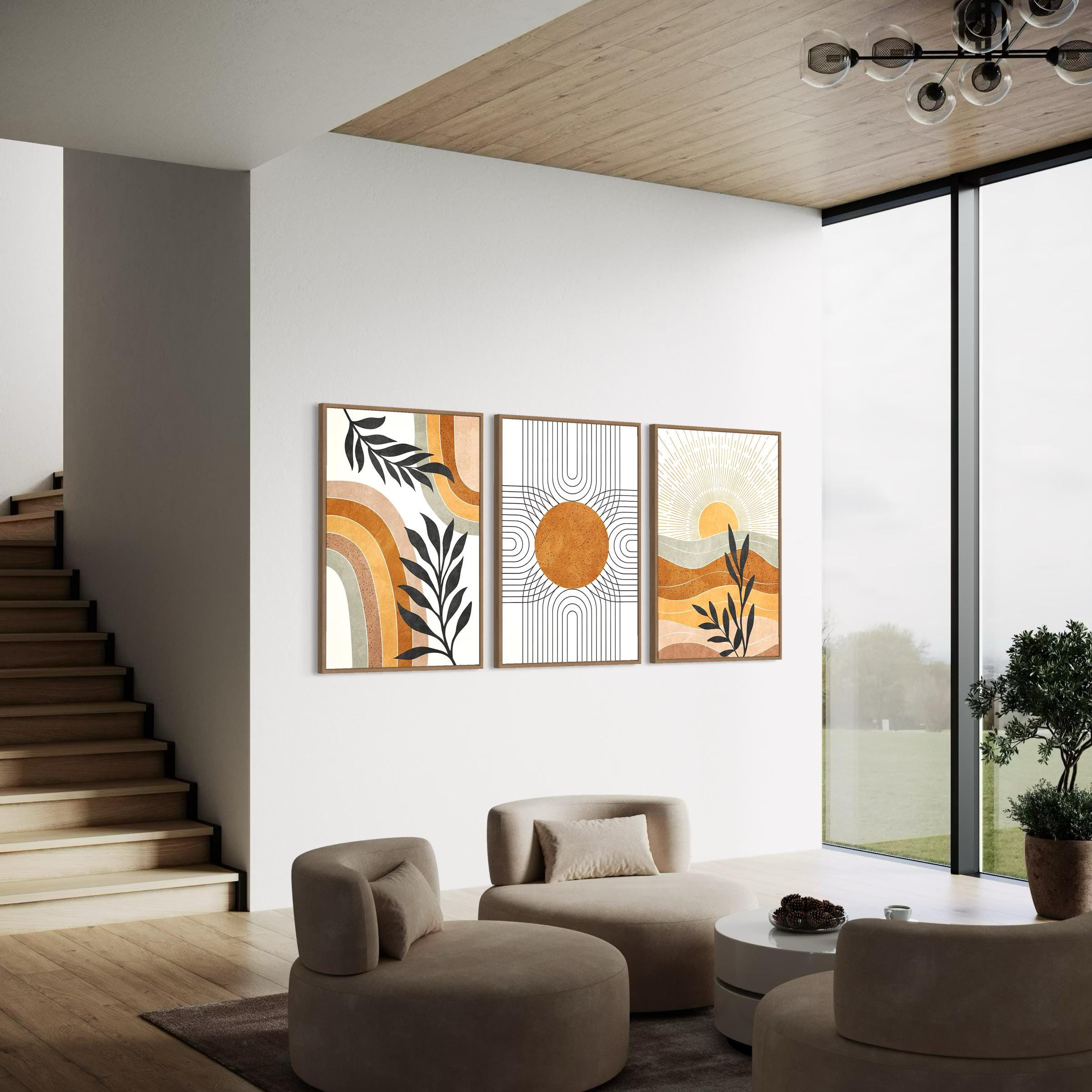 Poster Wall Art Set of 3 Prints | Geometric Sun Desert Plants Canvas | Mid Century Modern Boho