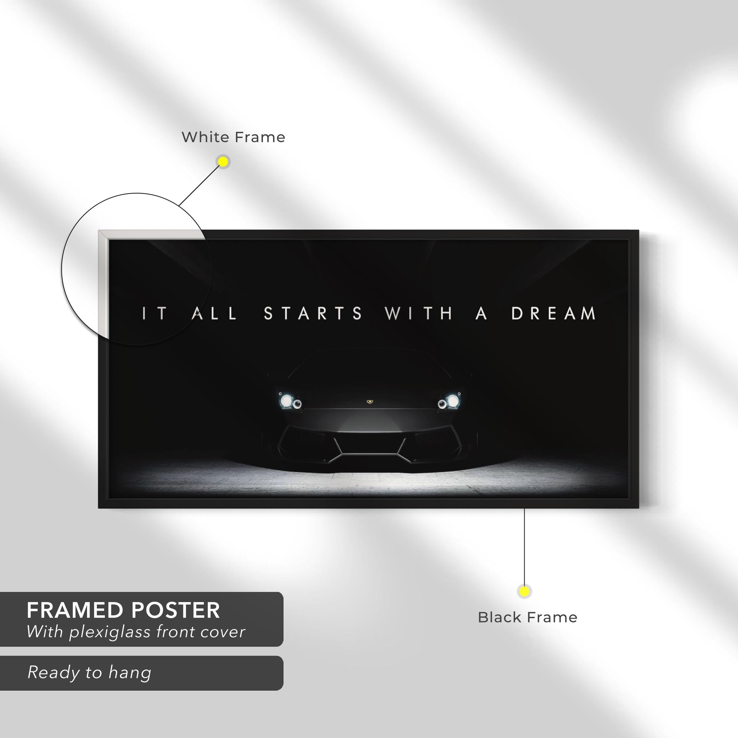 It All Starts With a Dream | Motivational Lamborghini Canvas Art | Poster Print