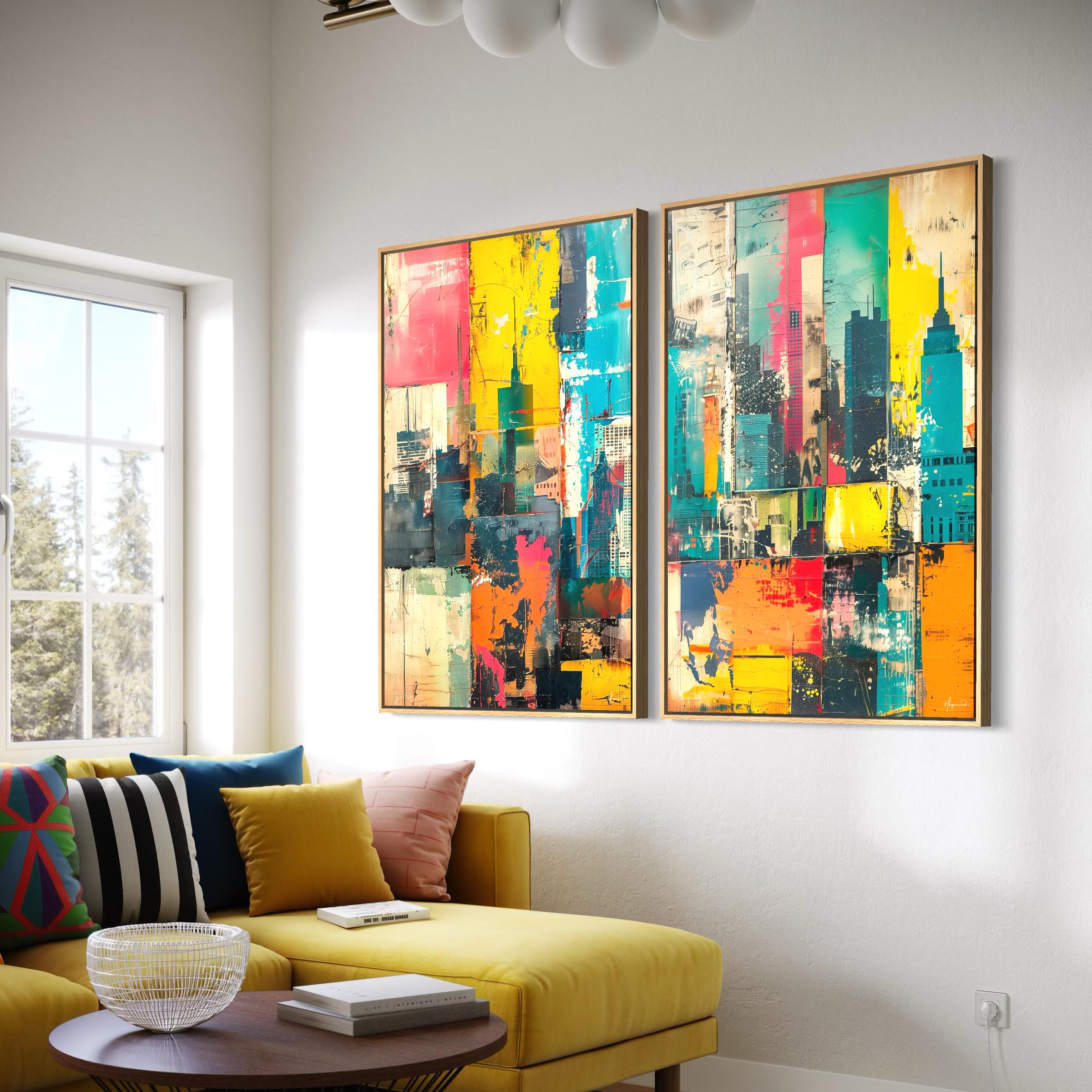 NYC Skyline Canvas Wall Art Set of 2 | Abstract City Urban Framed Poster Prints