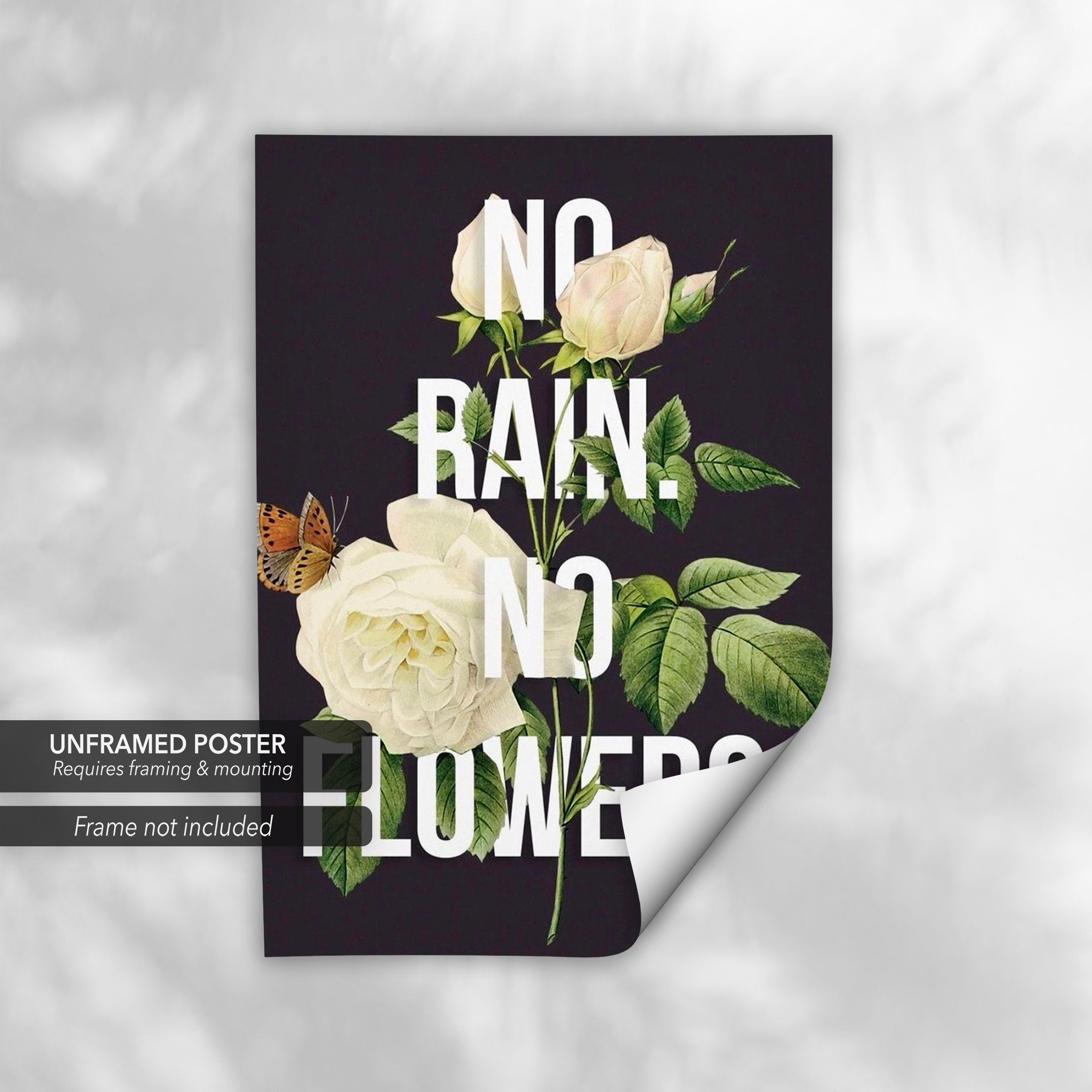 No Rain No Flowers Motivational Art | Inspirational Floral Decor Canvas Wall Art | Poster Print