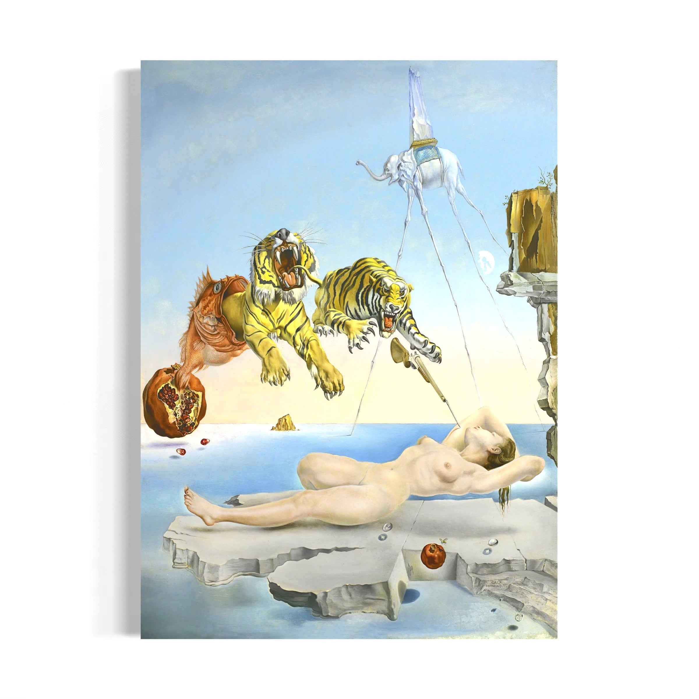 The image is a surreal painting depicting a nude woman lying on a rock, surrounded by fantastical elements such as a tiger, elephant, and floating objects.