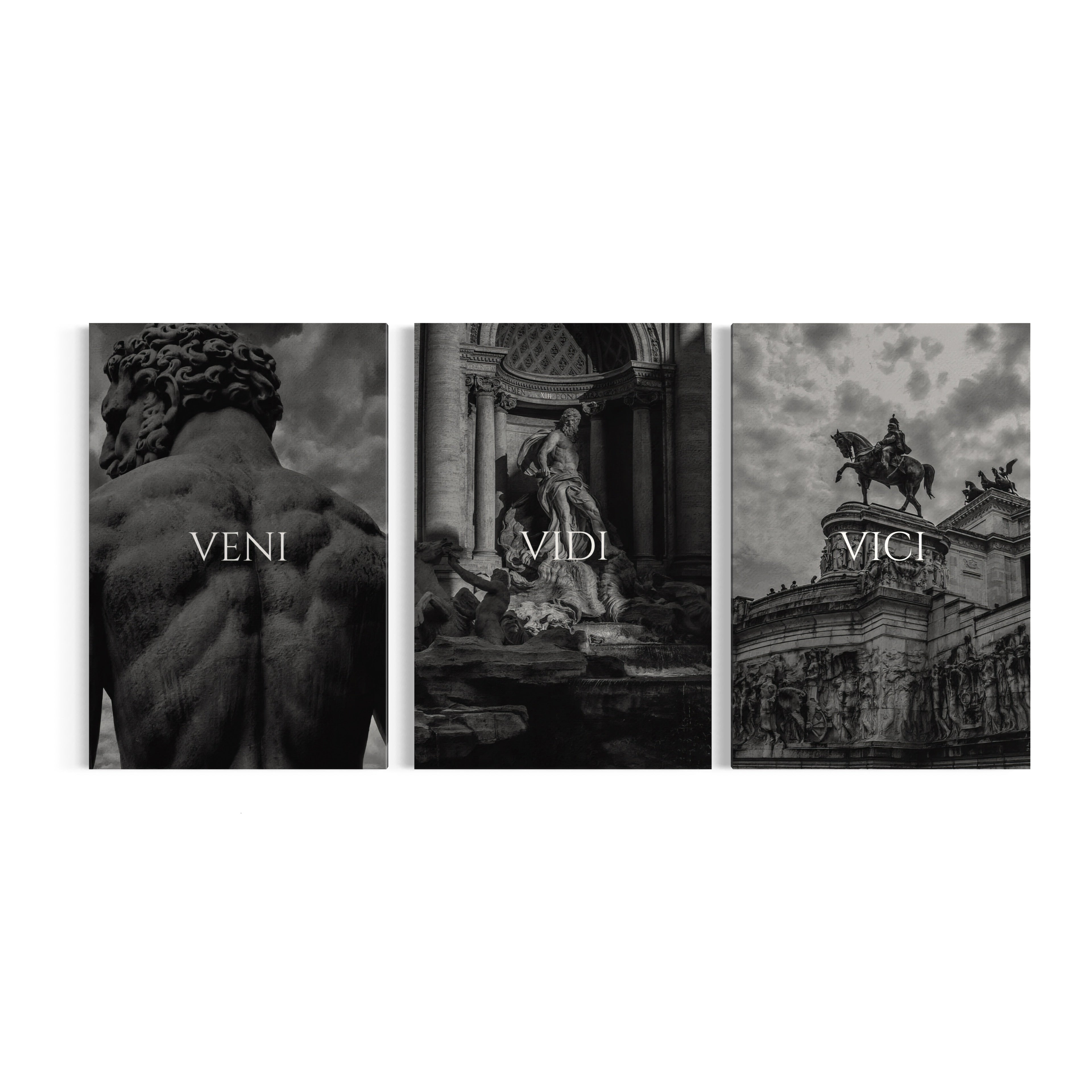 a series of three black and white photographs of statues
