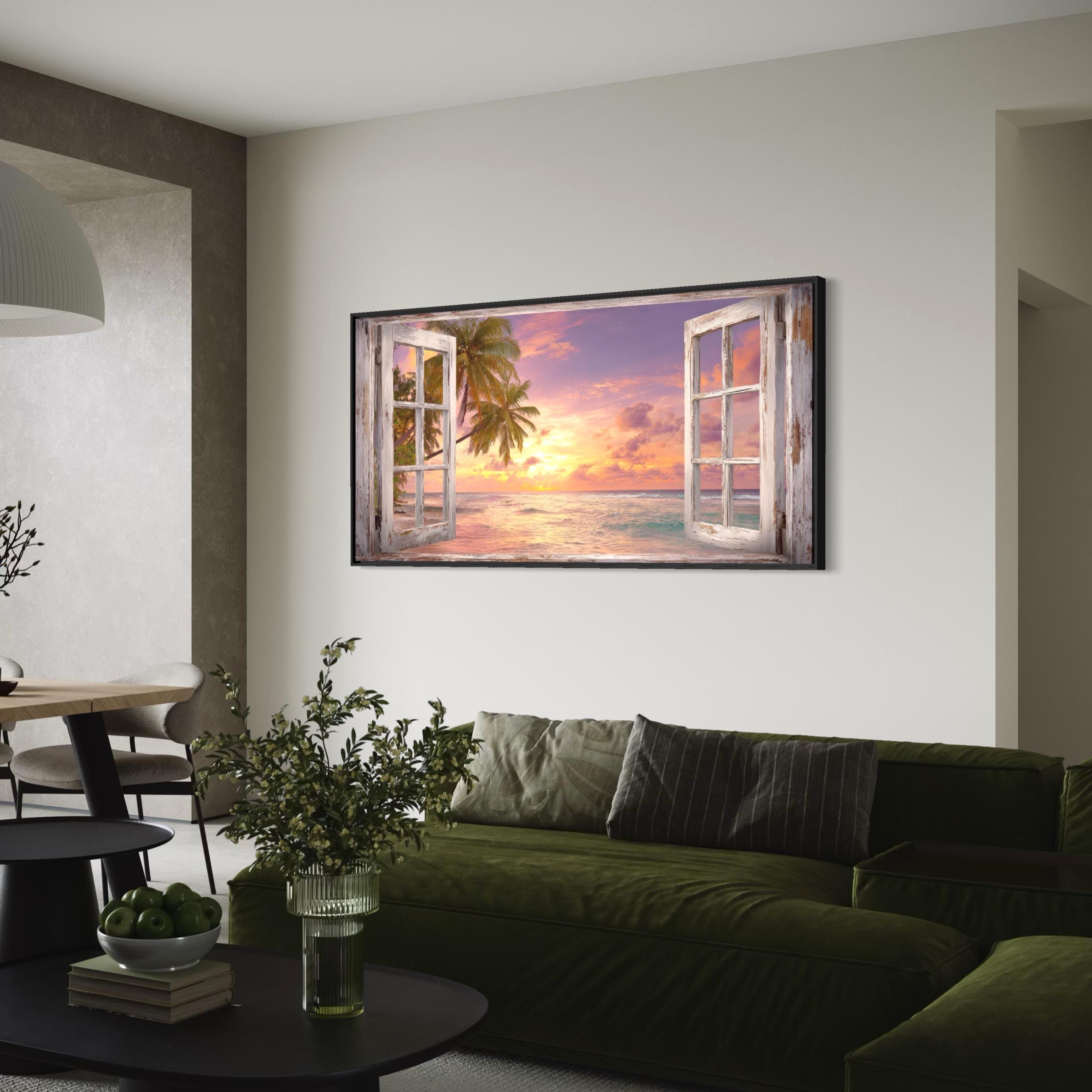 Window View Wall Art Canvas Poster Print | Tropical Beach Sunset | Palm Tree Coastal Art