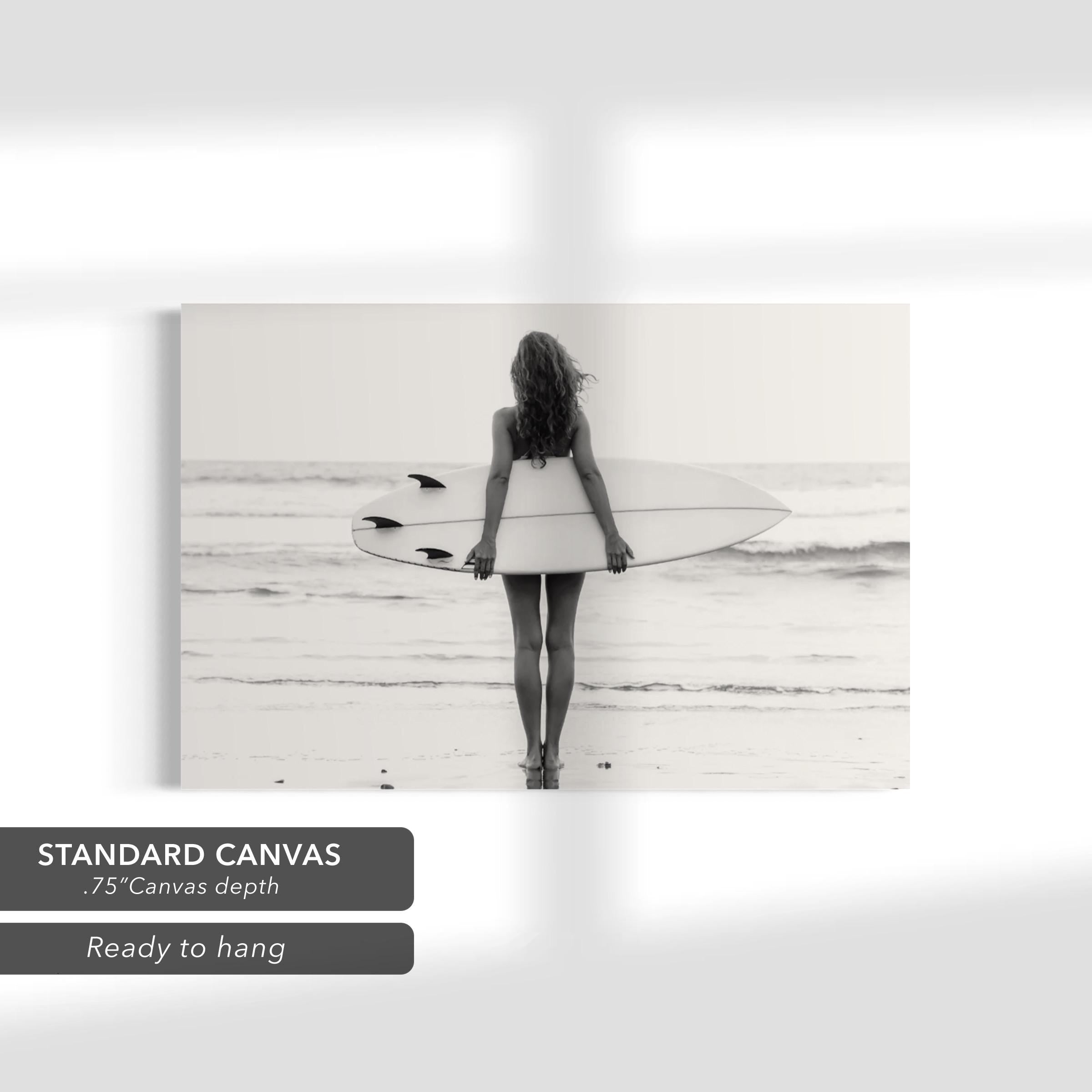 Beach Surf Minimalist Black & White Surfer | Surfboard Ocean Photo Canvas Art | Poster Print