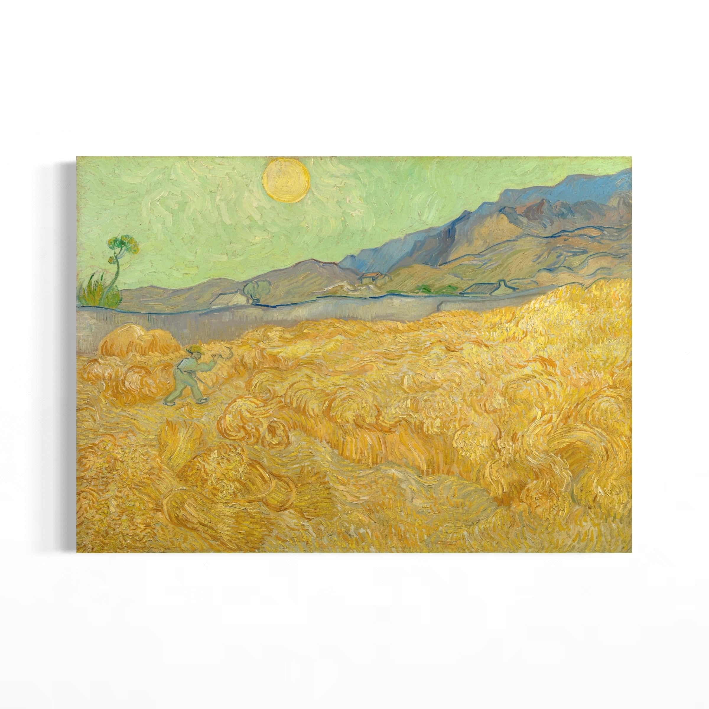 The image is an impressionist painting depicting a rural landscape with a field of golden wheat, a person walking in the distance, and mountains in the background.