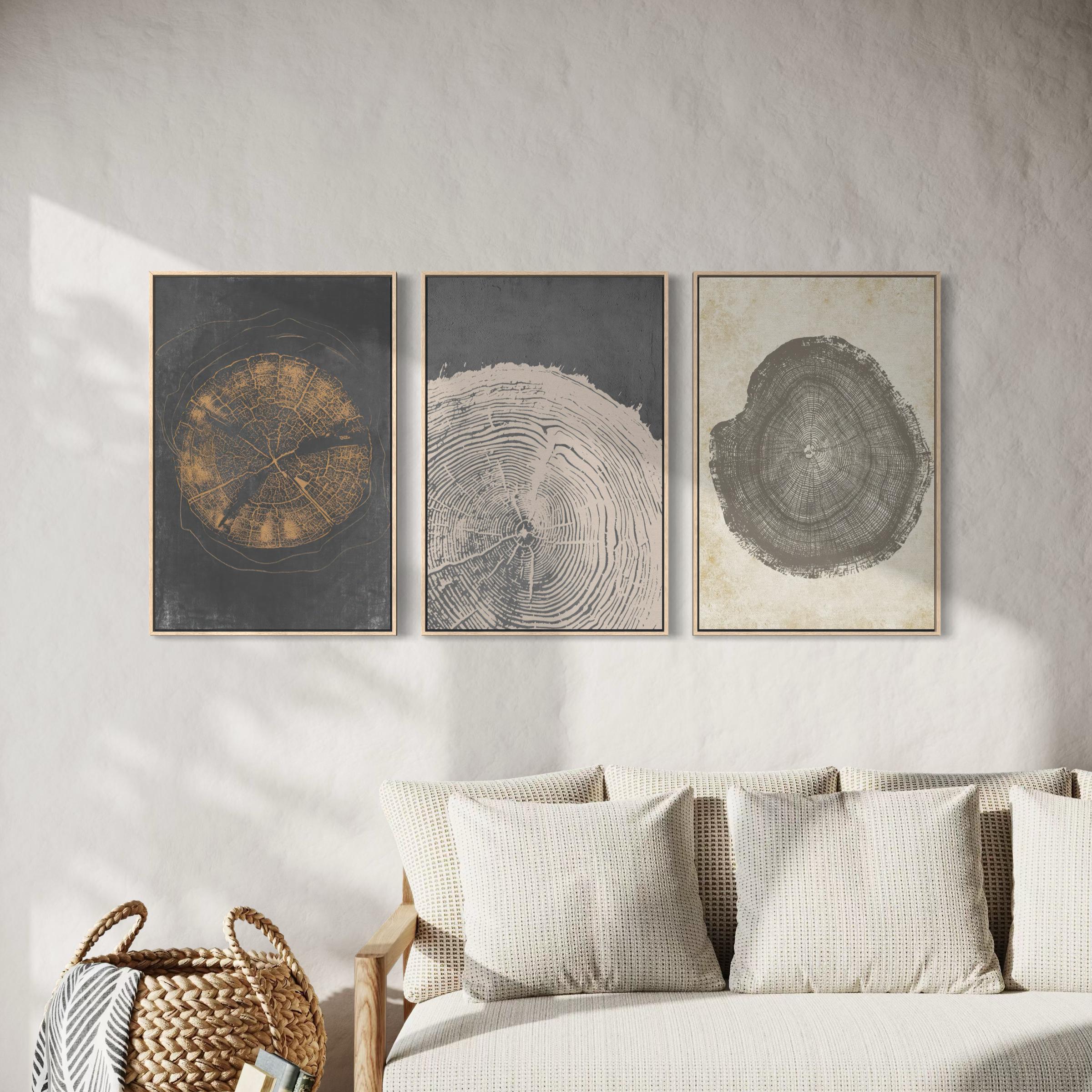 Set of 3 Canvas | Poster Prints Pastel Grunge Wood Tree Rings | Minimalist Modern Boho Art