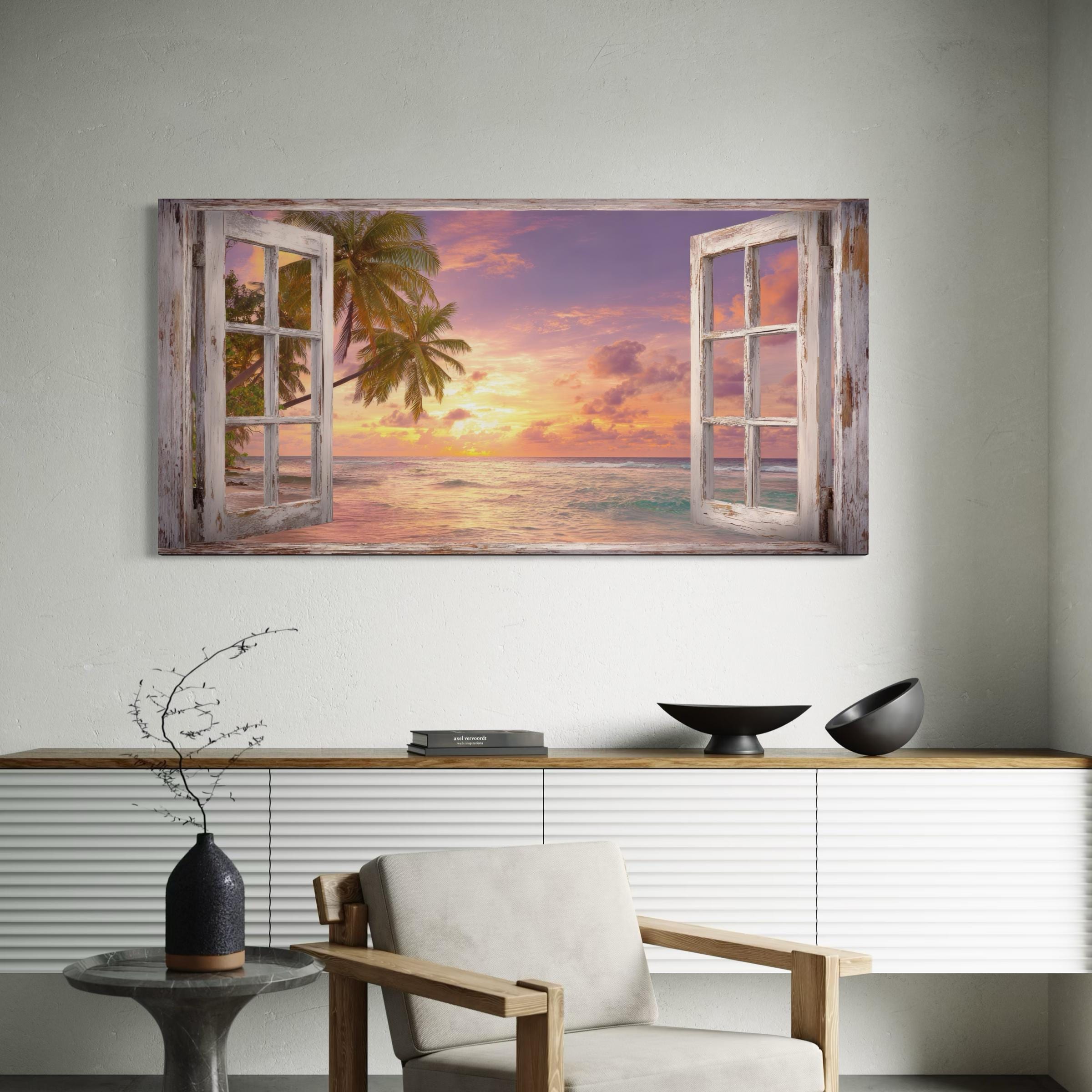 Window View Wall Art Canvas Poster Print | Tropical Beach Sunset | Palm Tree Coastal Art