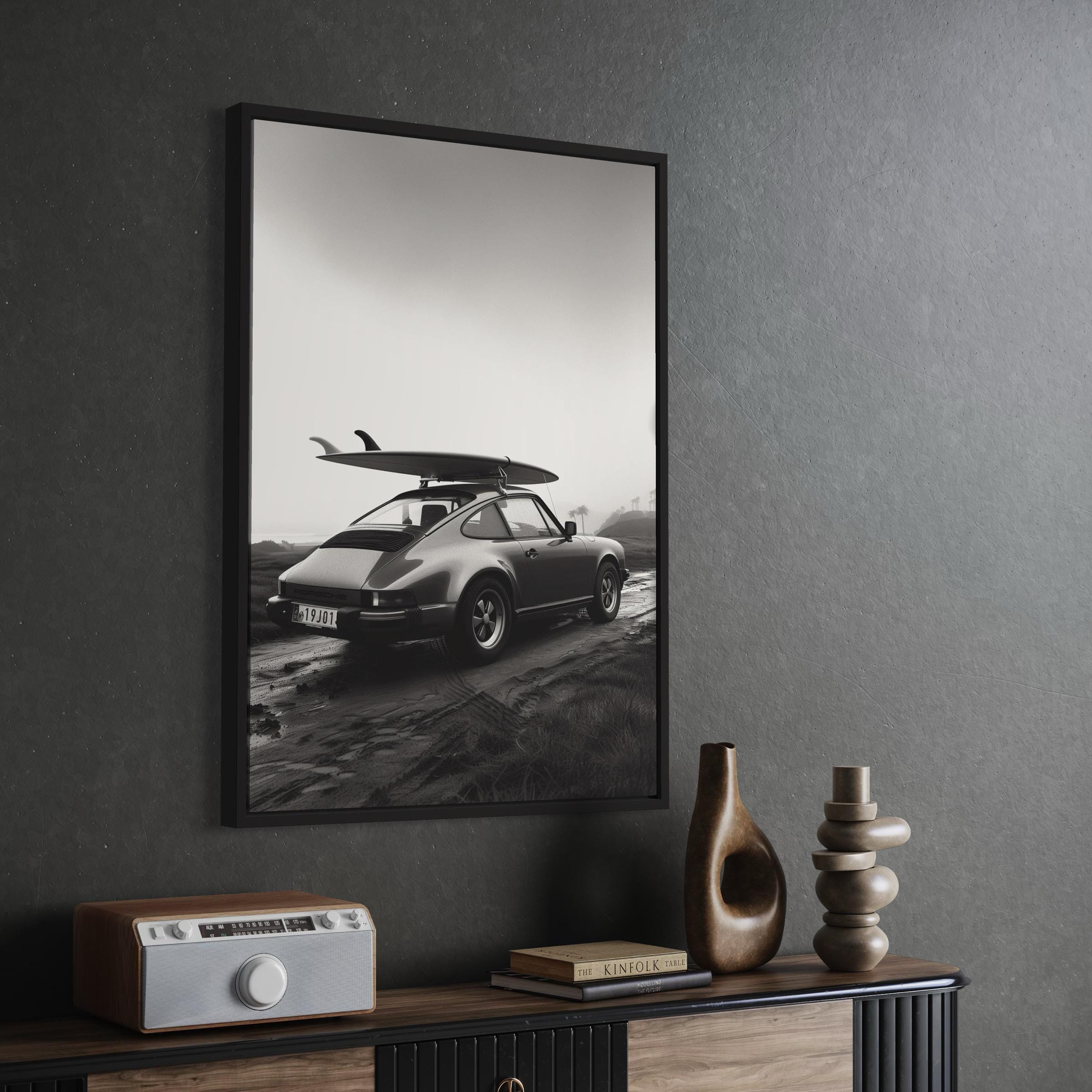 Porsche 911 Surfboard | Classic Car & Beach | Retro Automotive Canvas Art | Poster Print