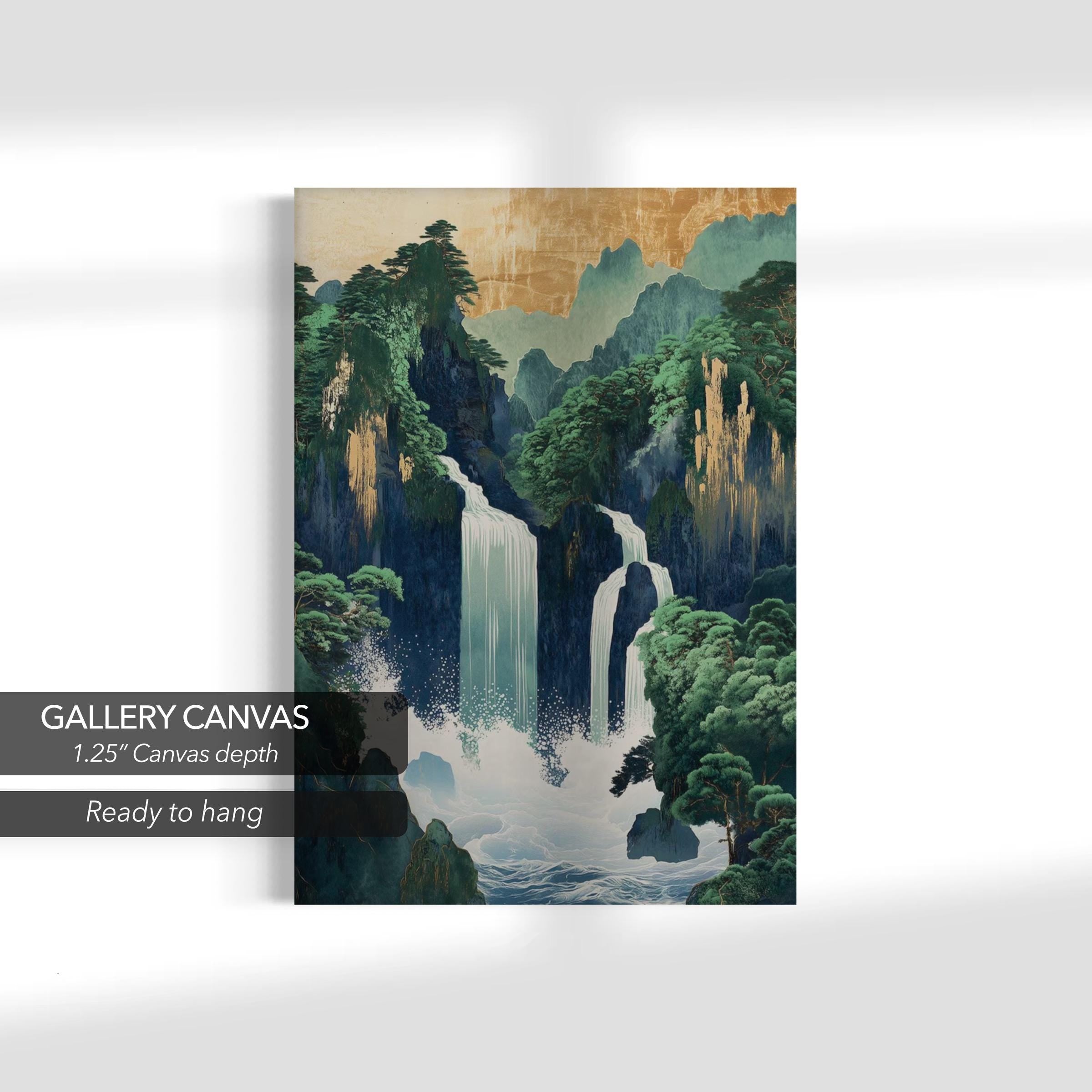 Hokusai Japanese Waterfall | Ukiyo-e Landscape | Green Japanese Canvas Art | Poster Print