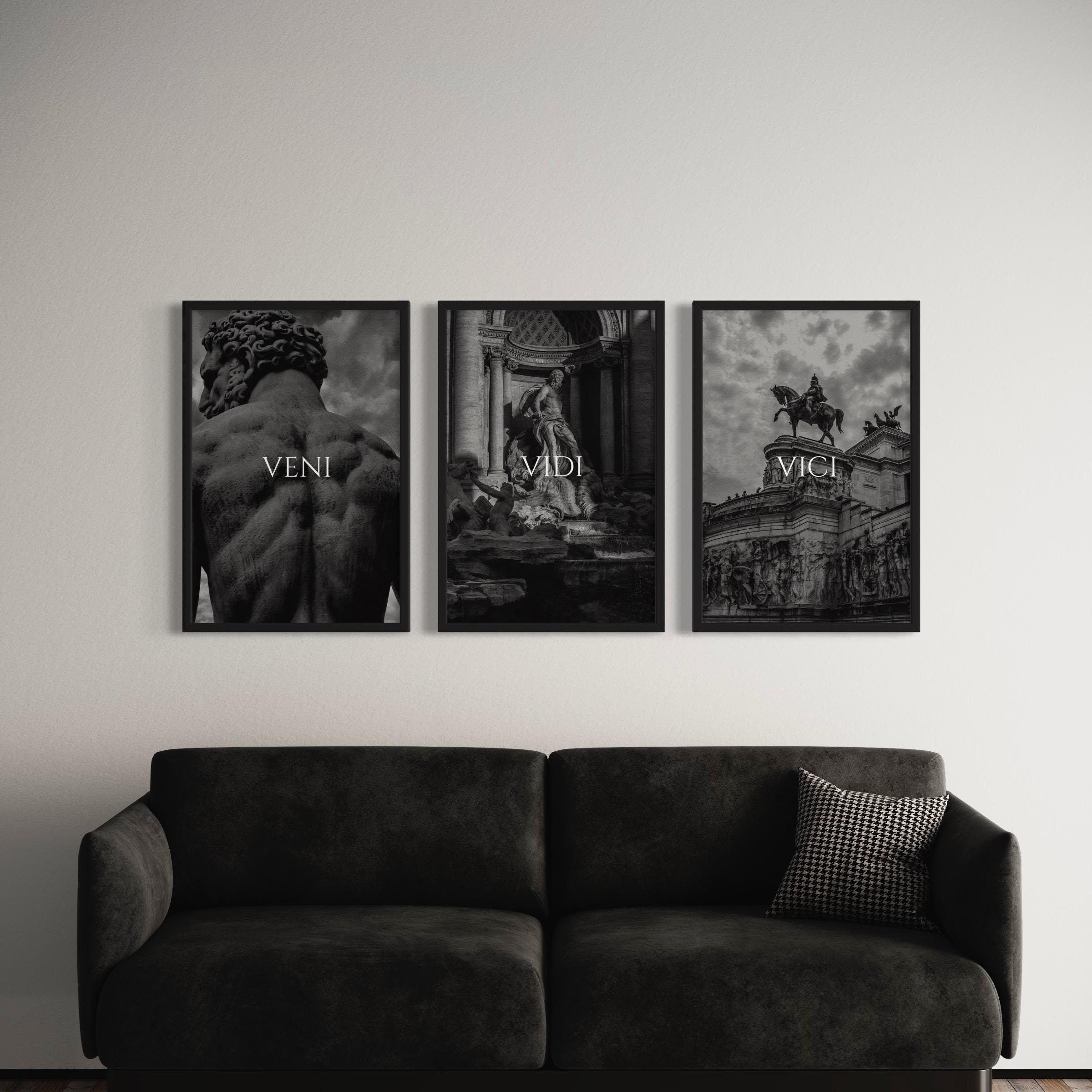 Veni Vidi Vici 3 Set | Ancient Rome Inspirational Black & White Canvas Art | Poster Print