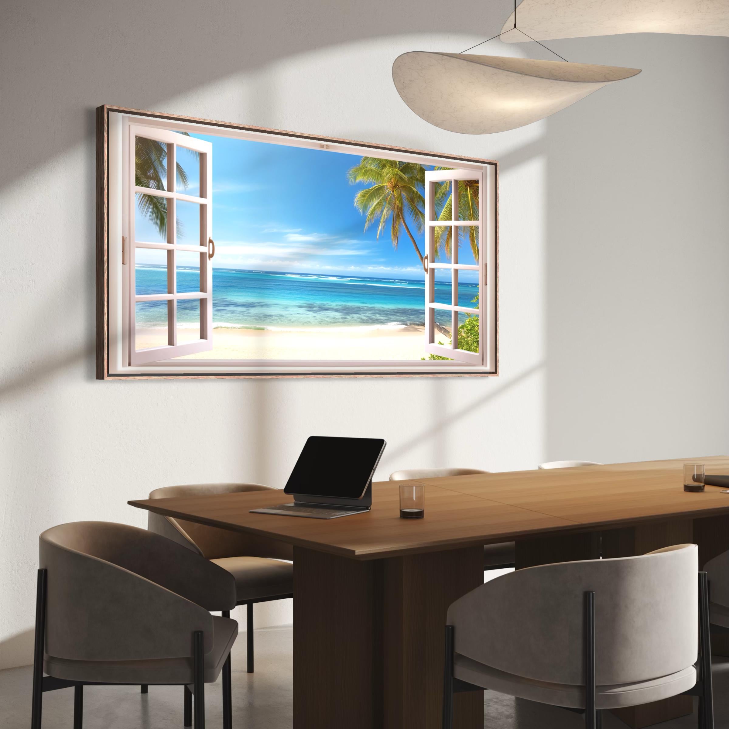 Beach Window View Tropical Ocean Palm Trees | Coastal Landscape Wall Art Canvas | Poster Print
