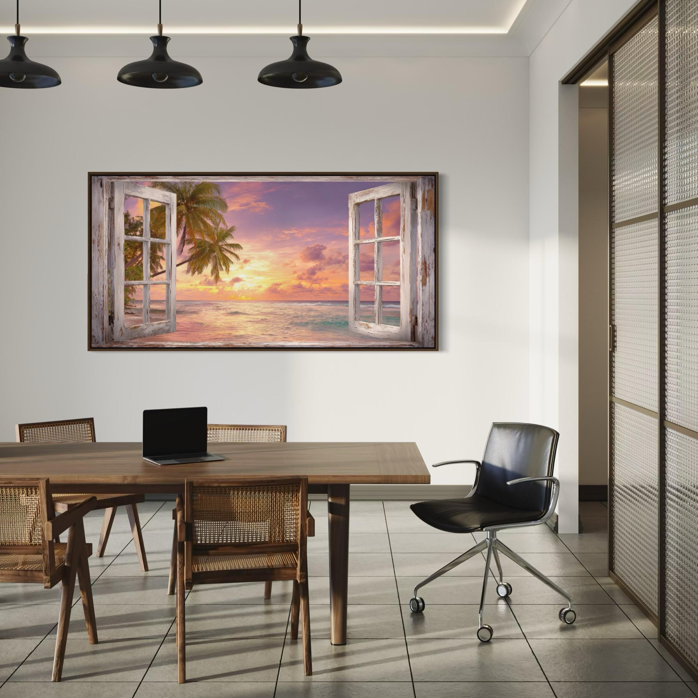 Window View Wall Art Canvas Poster Print | Tropical Beach Sunset | Palm Tree Coastal Art