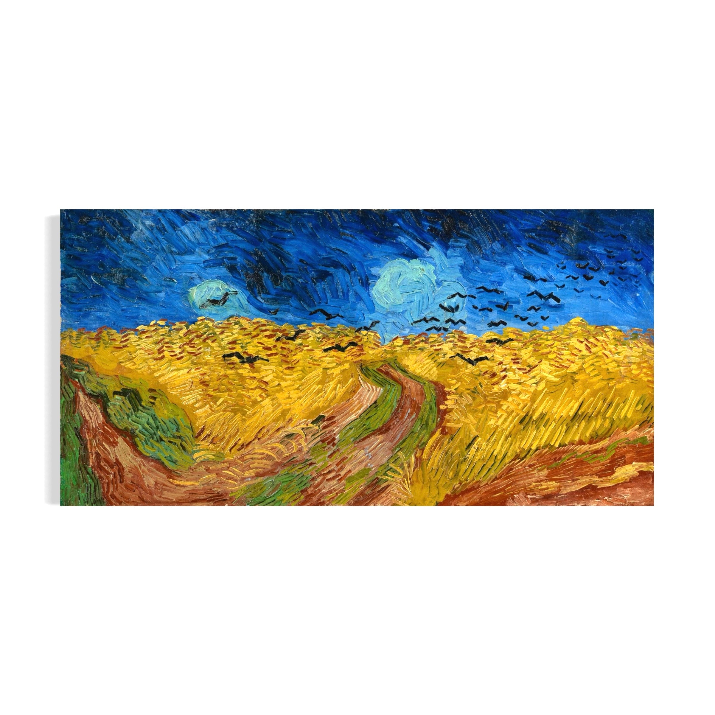 The image is a painting depicting a field of golden wheat under a dark blue sky with white clouds and a few birds.