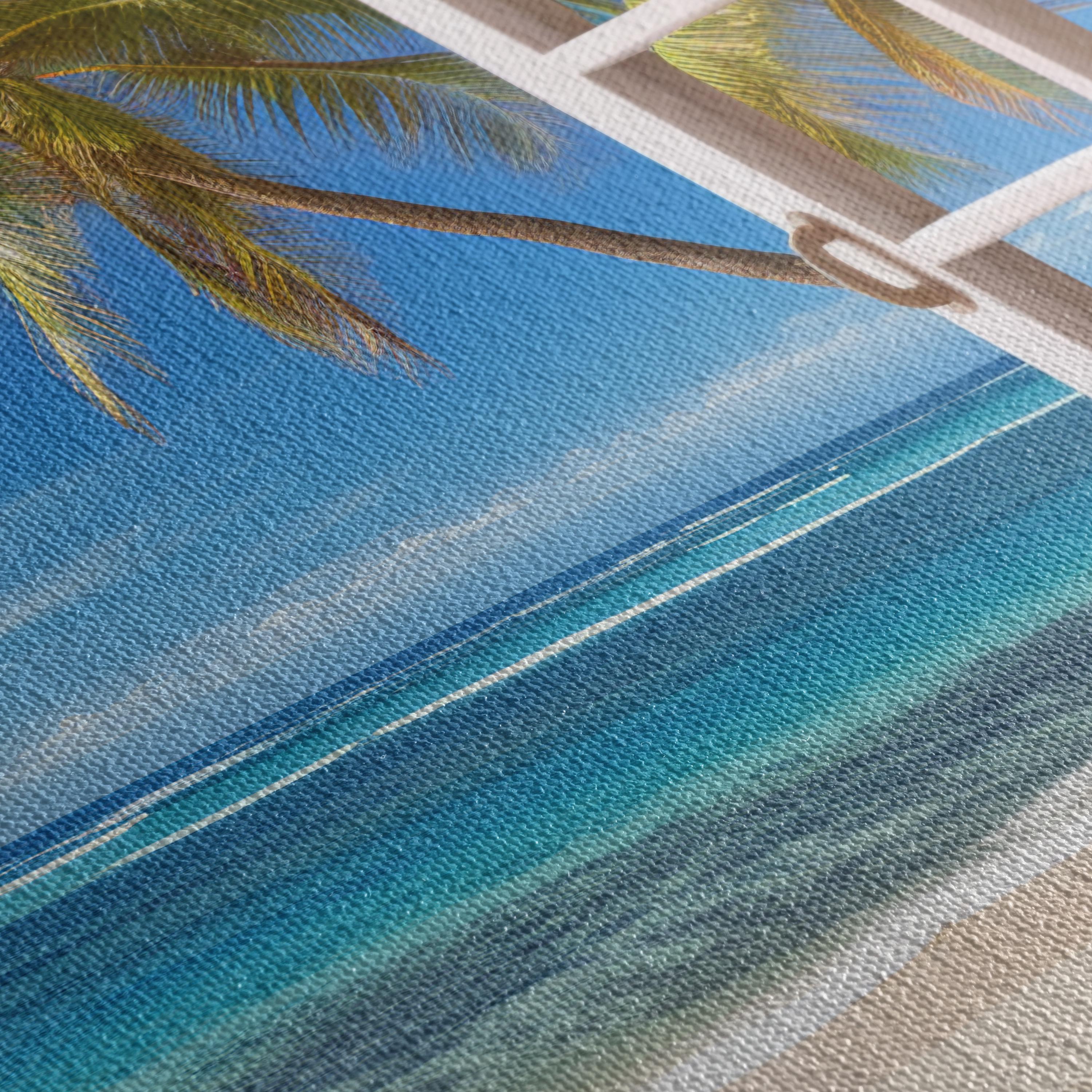 Beach Window View Tropical Ocean Palm Trees | Coastal Landscape Wall Art Canvas | Poster Print