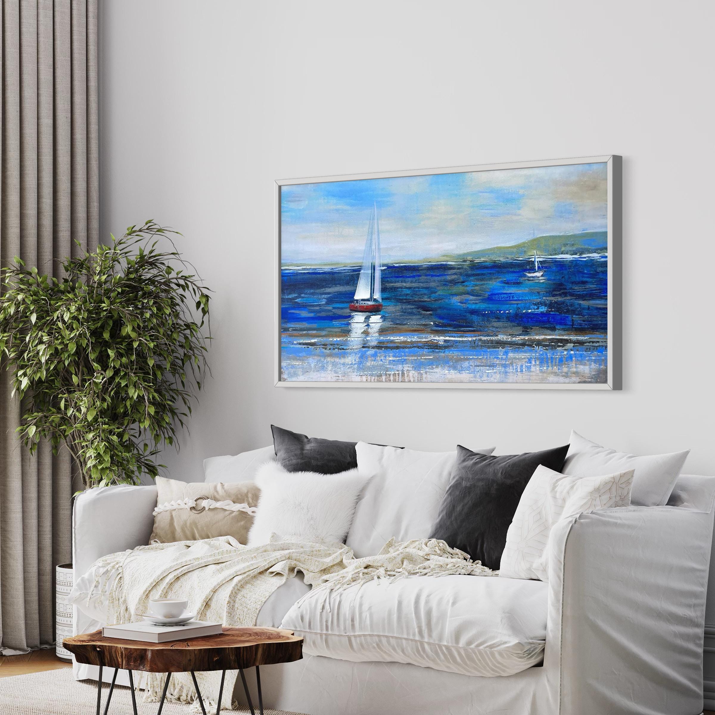 Blue Abstract Seascape | Textured Ocean & Sailboats Canvas Art | Poster Print